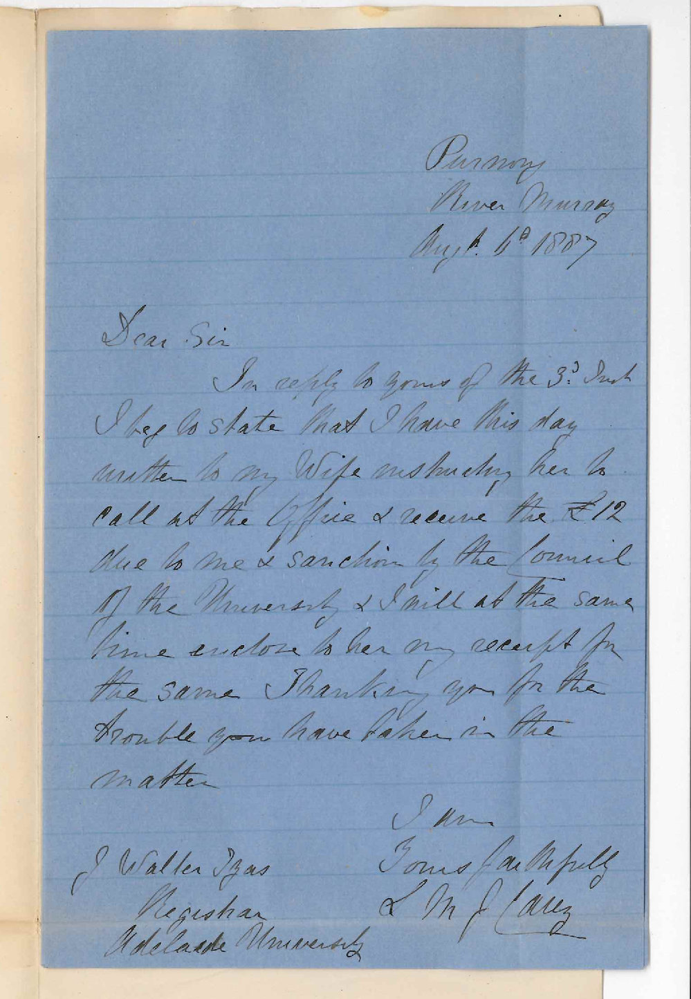 Captain L M J Carey - River Murray - Instructions to Forward Grant of &pound;12