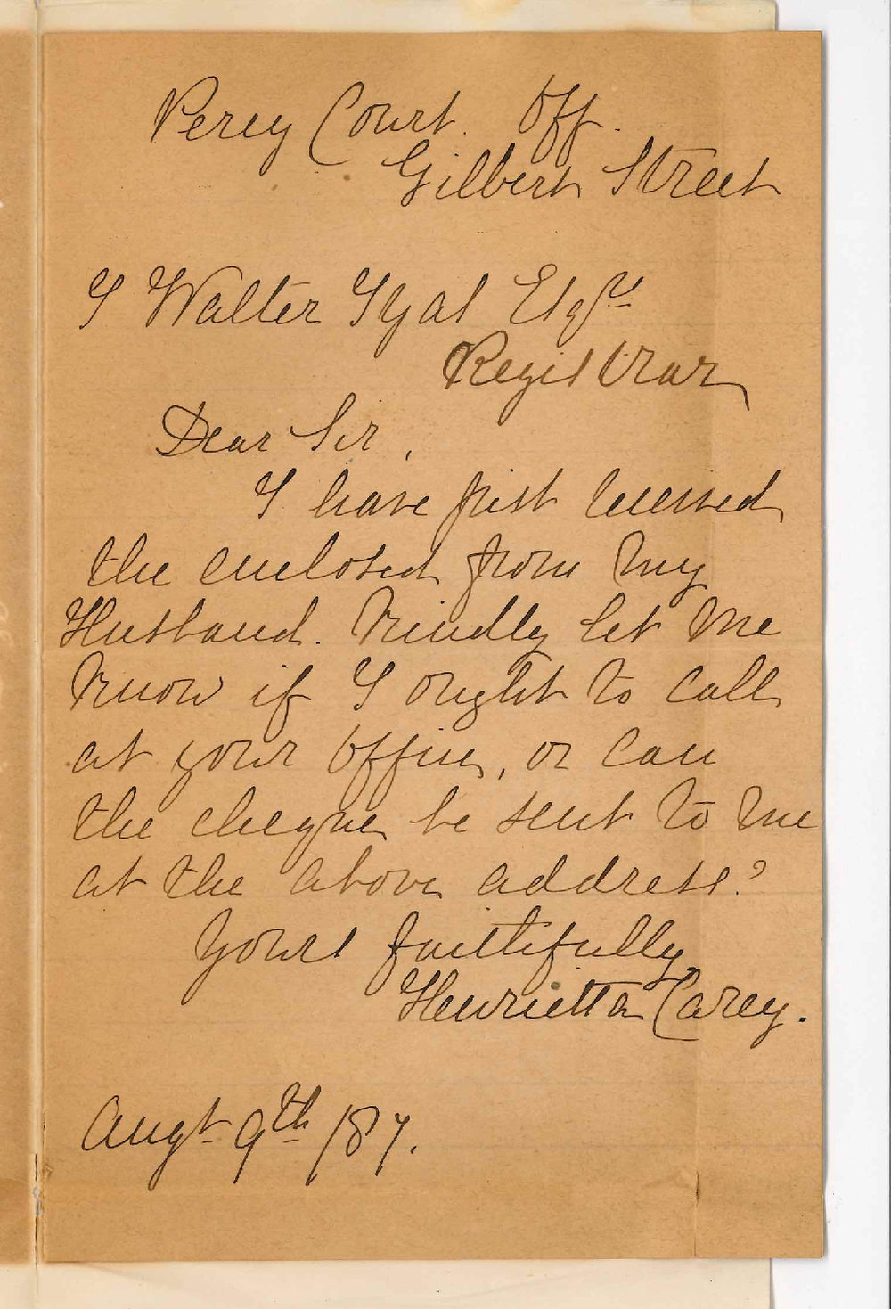 Mrs Henrietta Carey - Gilbert Street Adelaide - Asking for Cheque of &pound;12 Voted to Captain Carey to be Forwarded