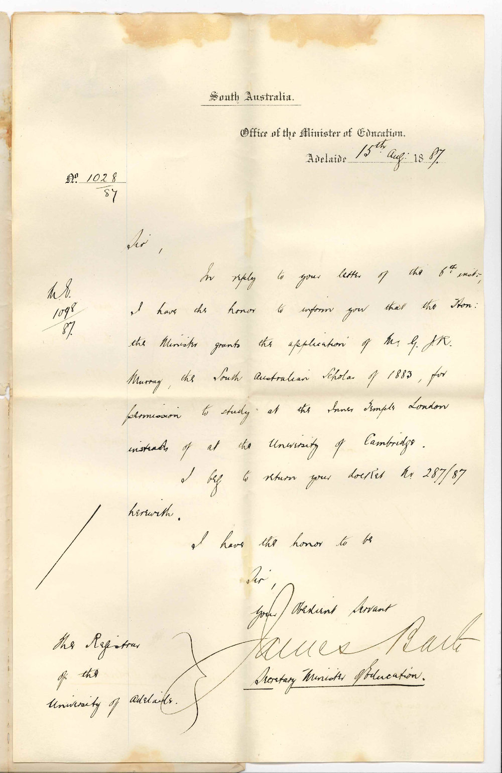 James Bath - Secretary - Office of the Minister of Education - General Post Office [GPO] - Granting Permission to Mr G J R Murray to Study at the Inner Temple