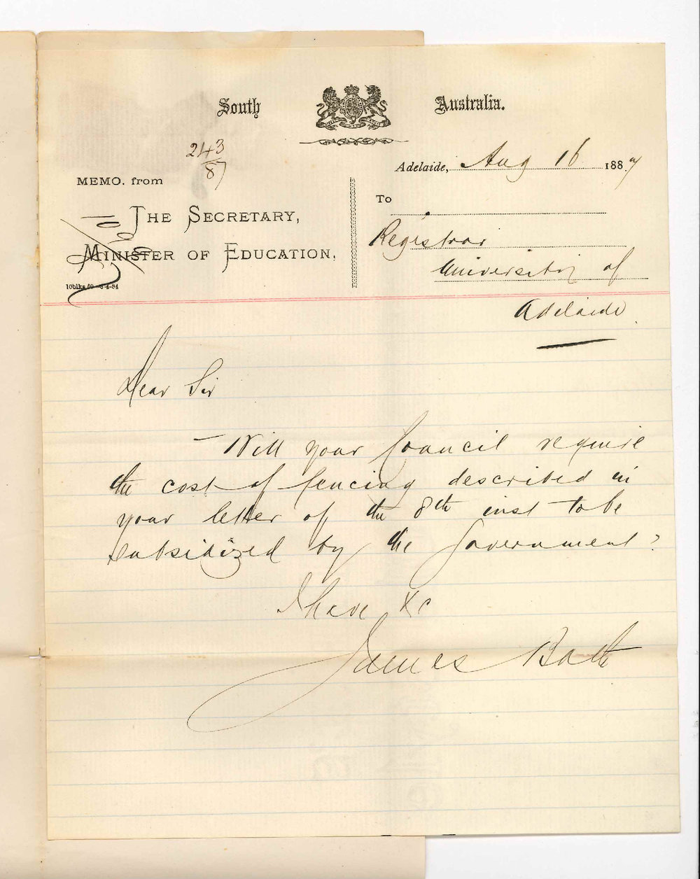 James Bath - Secretary - Office of the Minister of Education - General Post Office [GPO] - Extension of Fence and Government Subsidy