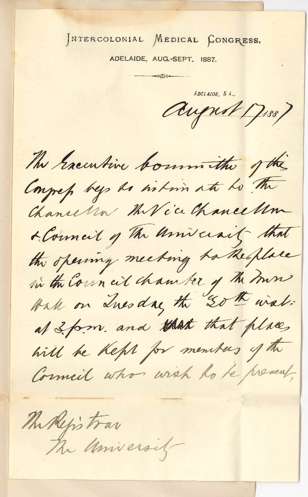 Dr Ben Pontton - Intercolonial Medical Congress - Adelaide - Invitation of University Council to Inaugural Meeting of the Medical Congress