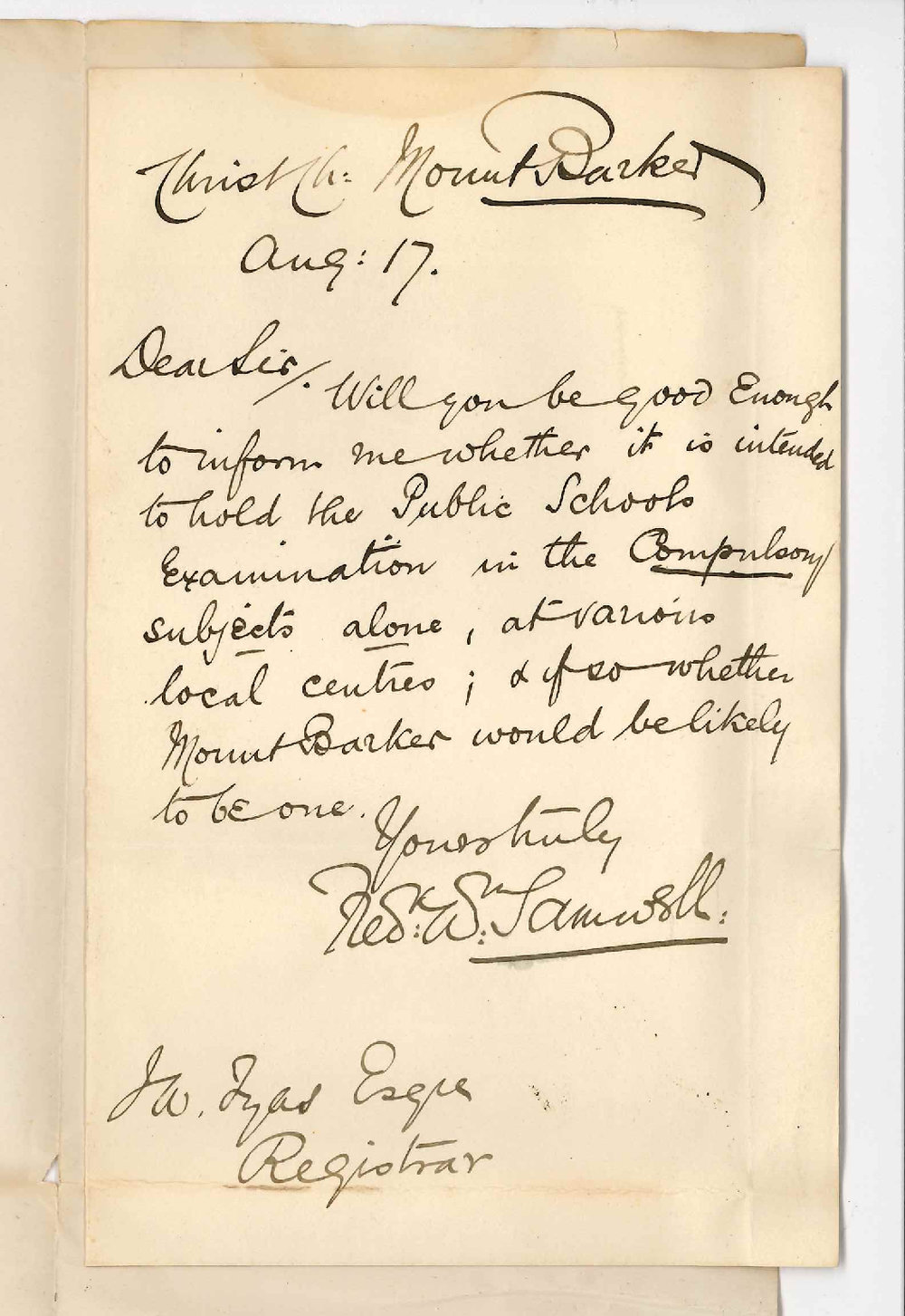 Reverend Frederick William Samwell - Mount Barker - Local Preliminary Examinations