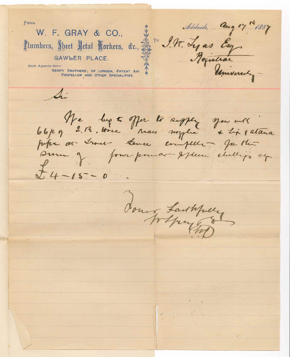 W F Gray and Co -Gawler Place Adelaide - Estimate for Stand Pipe and Hose for Watering Grounds