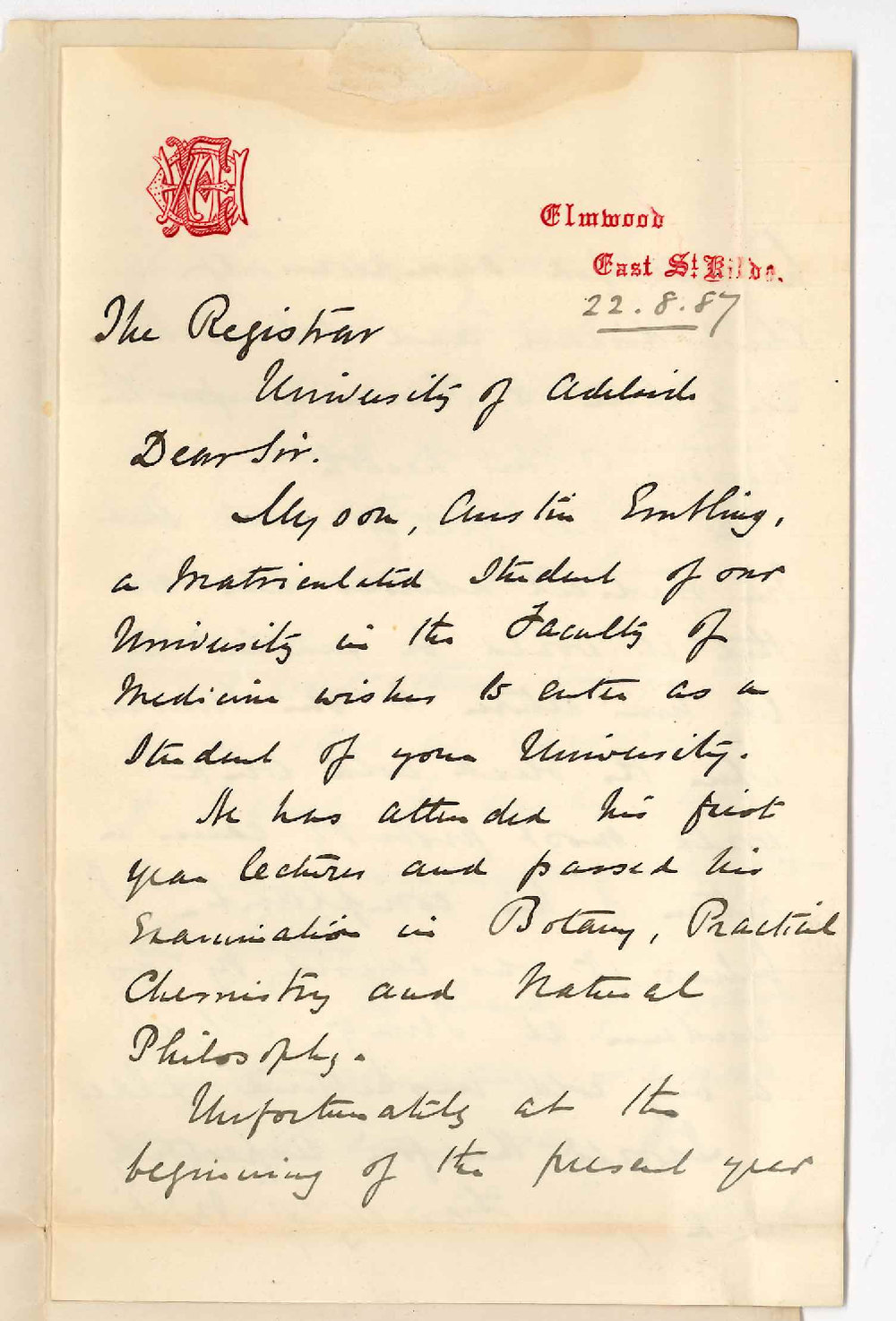 Dr William Henry Embling - St Kilda Victoria - Admission of His Son to the Medical School Ad Eundem Statum