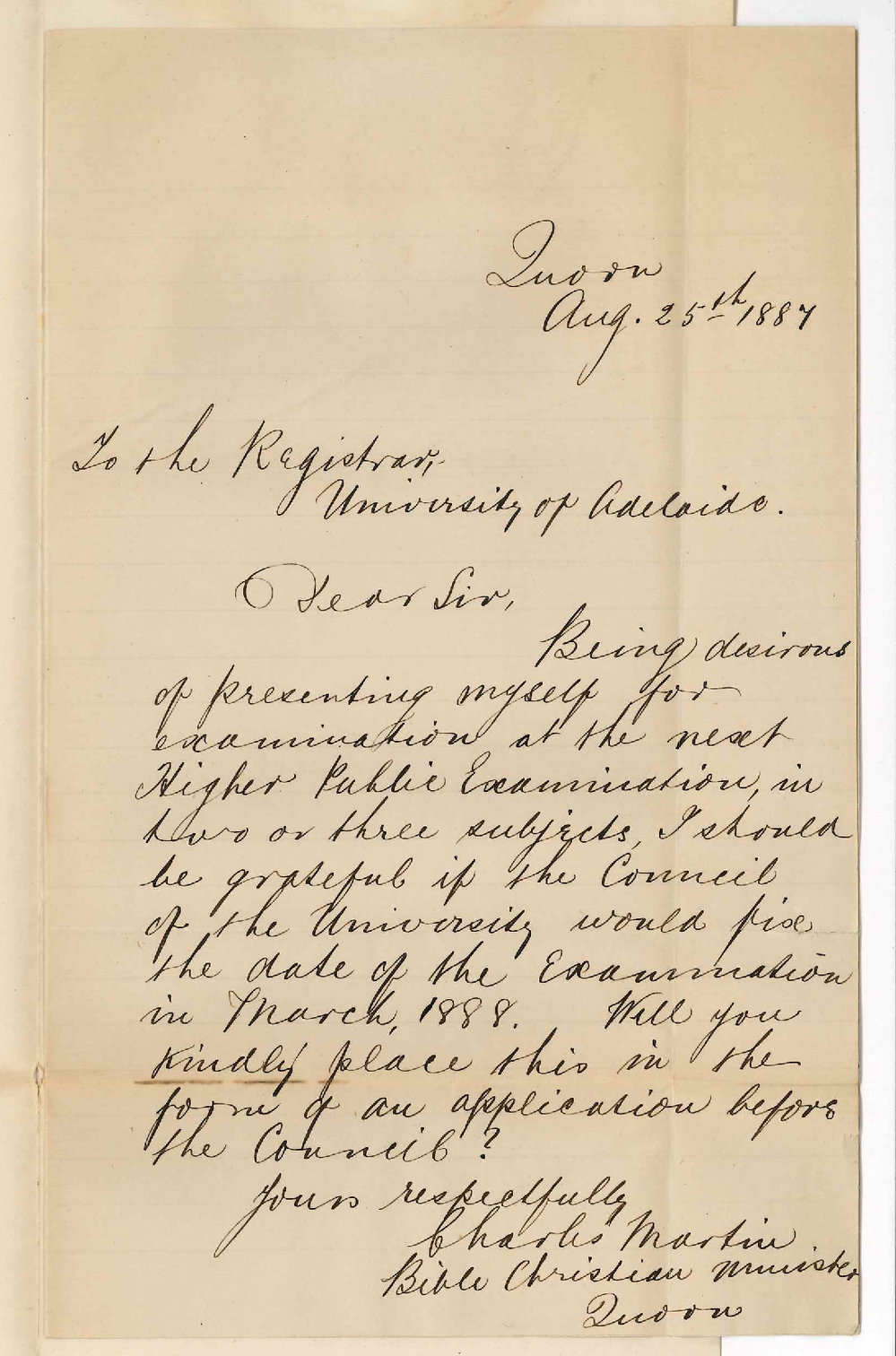Charles Martin - Bible Christian Minister Quorn - Asking the Higher Public Examination be Held in March 1888