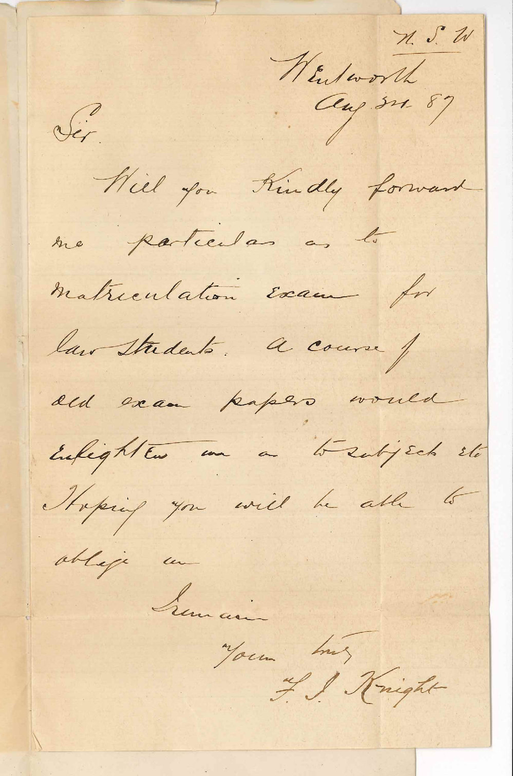 F J Knight - Wentworth - Matriculation Examination and Law Course
