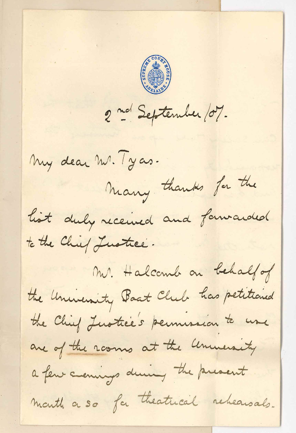 Cecil J Sharp - Supreme Courthouse - Adelaide - Chancellor Granted Permission to University Boat Club to Use Room for Meetings