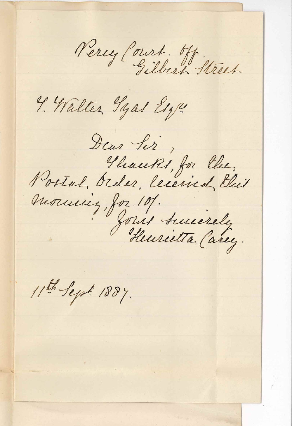 Mrs Henrietta Carey - Gilbert Street Adelaide - Acknowledging Receipt of Postal Note