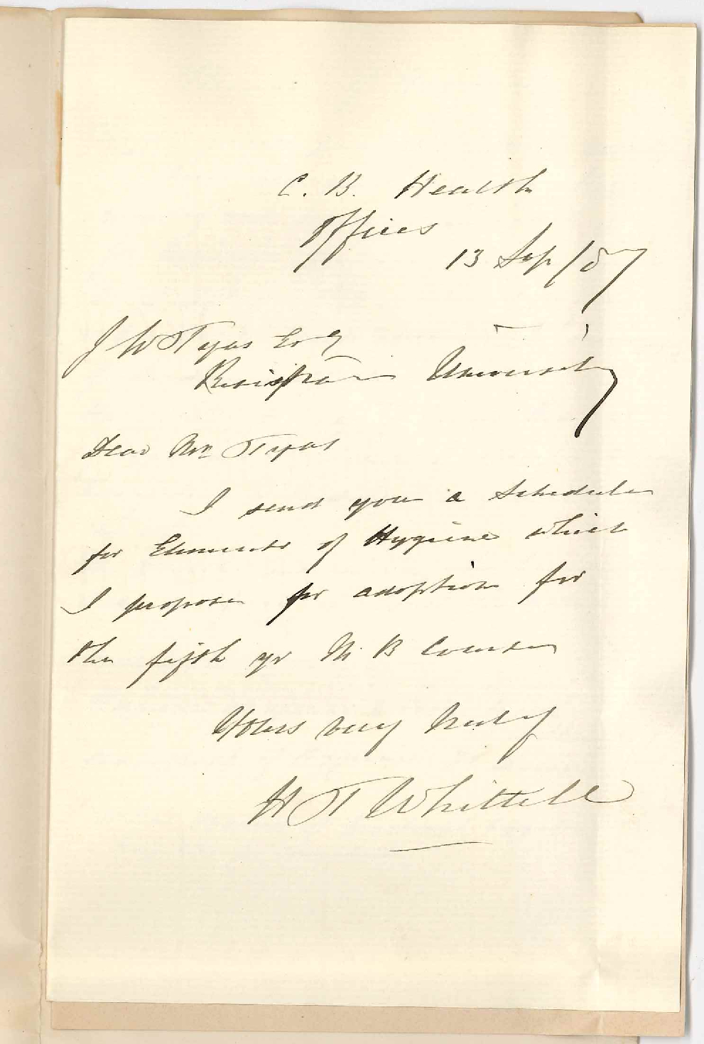 Dr Horatio Thomas Whittell - Victoria Square Adelaide - Schedule for Hygiene Lectures