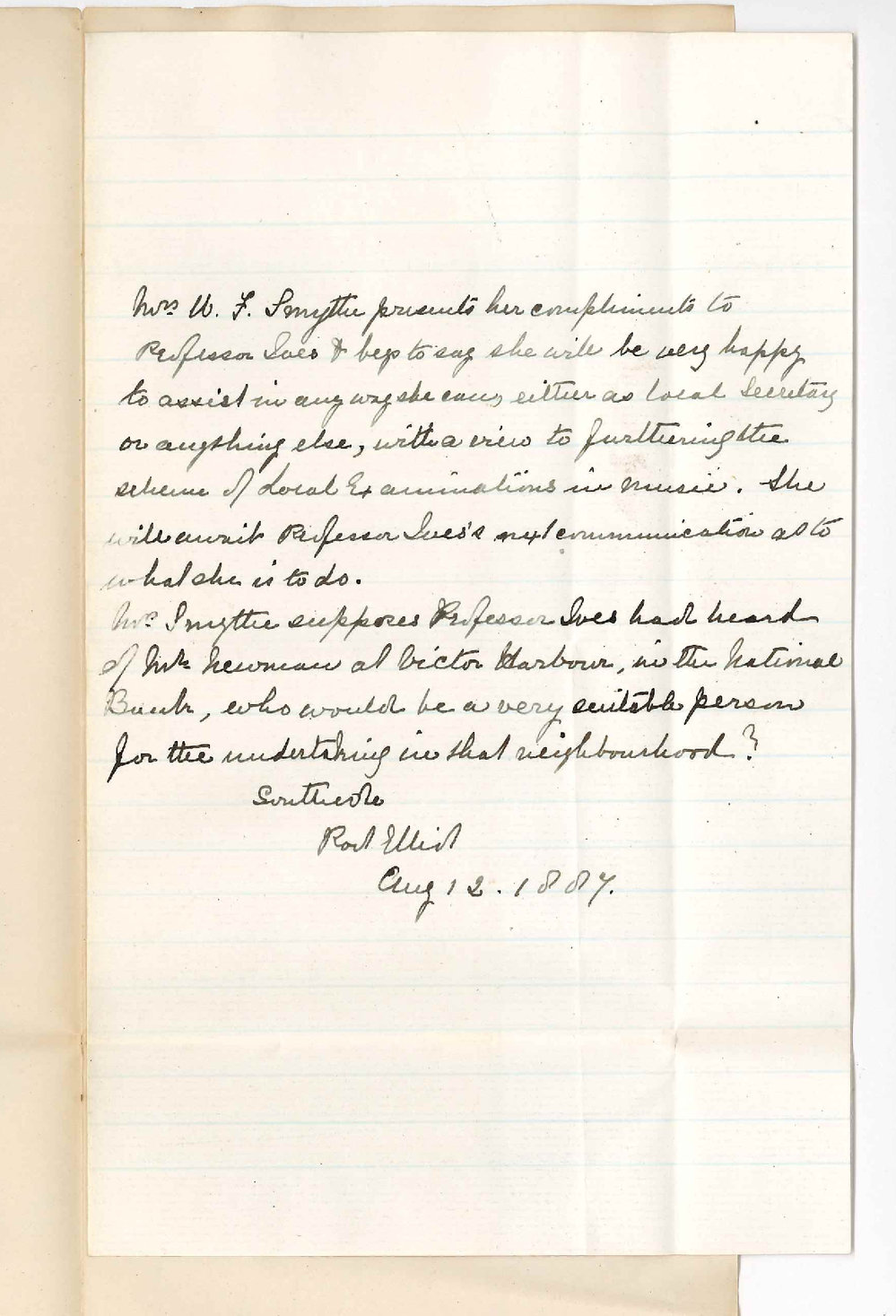 Mrs W F Smyth - Port Elliott - Local Secretary for Examinations in Music