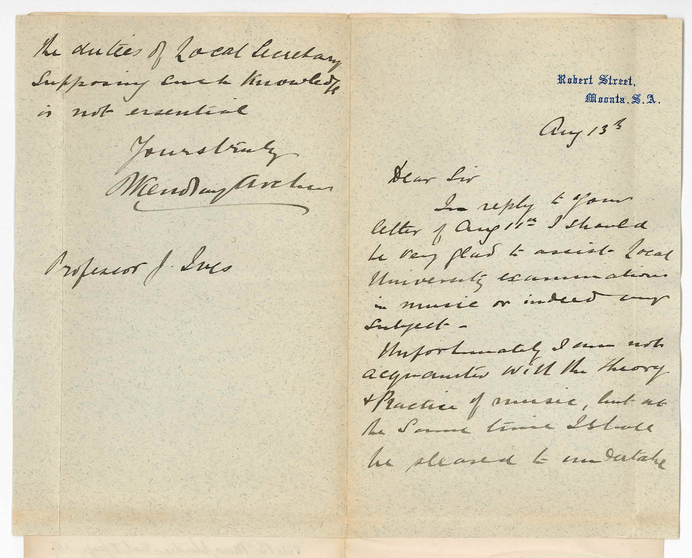 Dr Robert Kendray Archer - Moonta - Local Examinations in Music