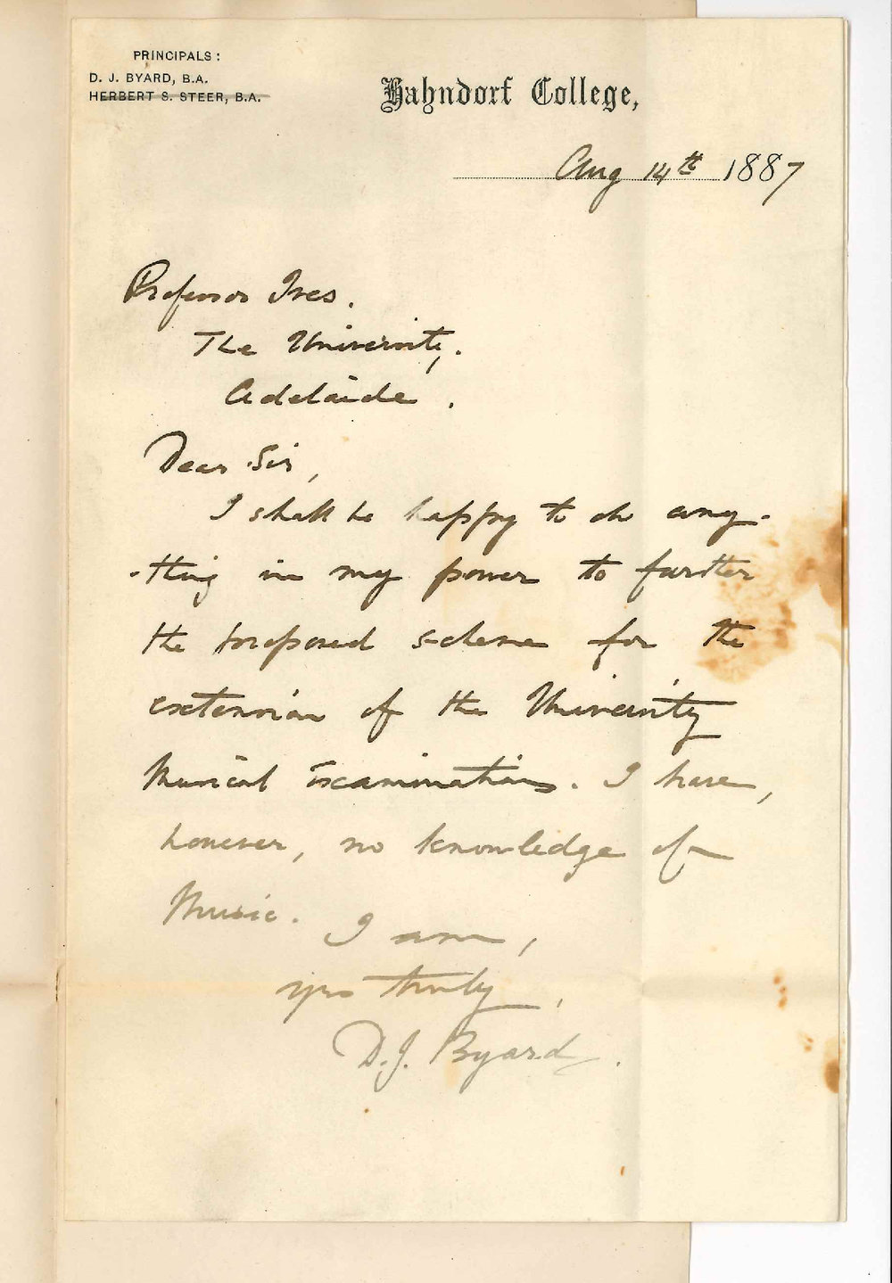 Douglas John Byard - Hahndorf - Honorary Secretary for Local Examinations in Music