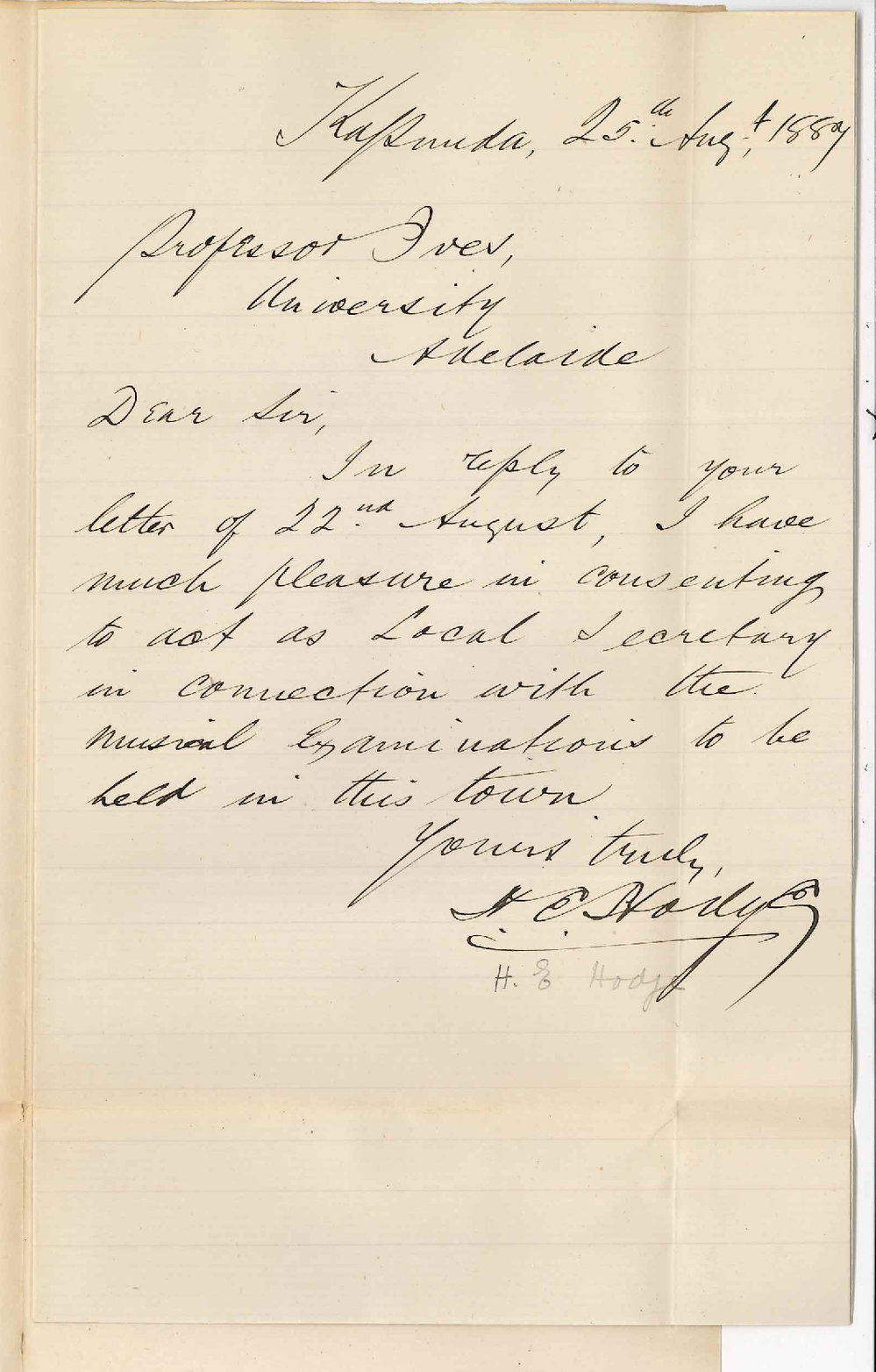 H E Hodge - Kapunda - Honorary Secretary Local Examinations in Music