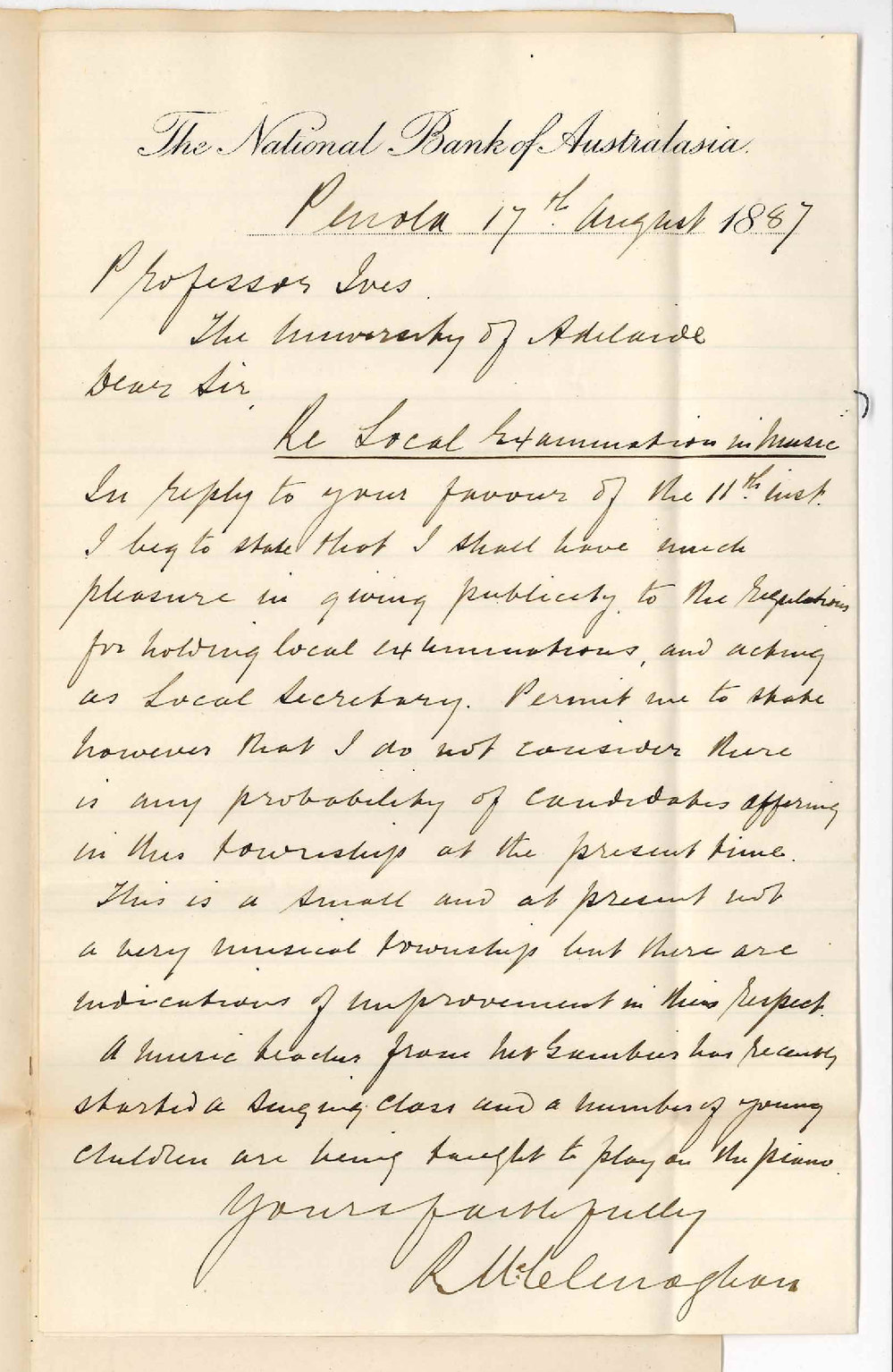 Robert McClenaghan - The Bank of Australasia - Penola - Honorary Secretary Local Examinations in Music