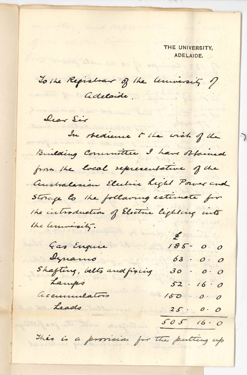 Professor William Henry Bragg - The University - Cost for Lighting the University with Electricity