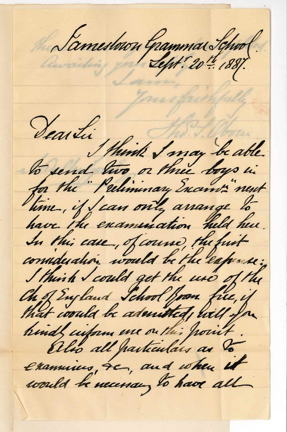 Thomas S Oborn - Jamestown Grammar School - Preliminary Examination at Jamestown
