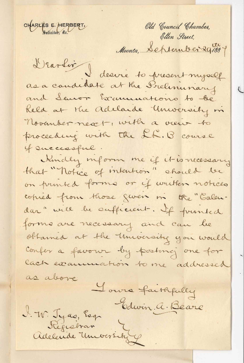 Edwin Arthur Beare - Moonta - Entry for Preliminary and Senior Public Examination