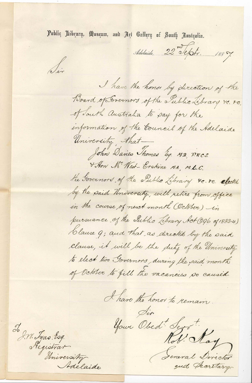 Robert Kay - Public Library Museum and Art Gallery of South Australia - Election of Members of Council on Board of Governors