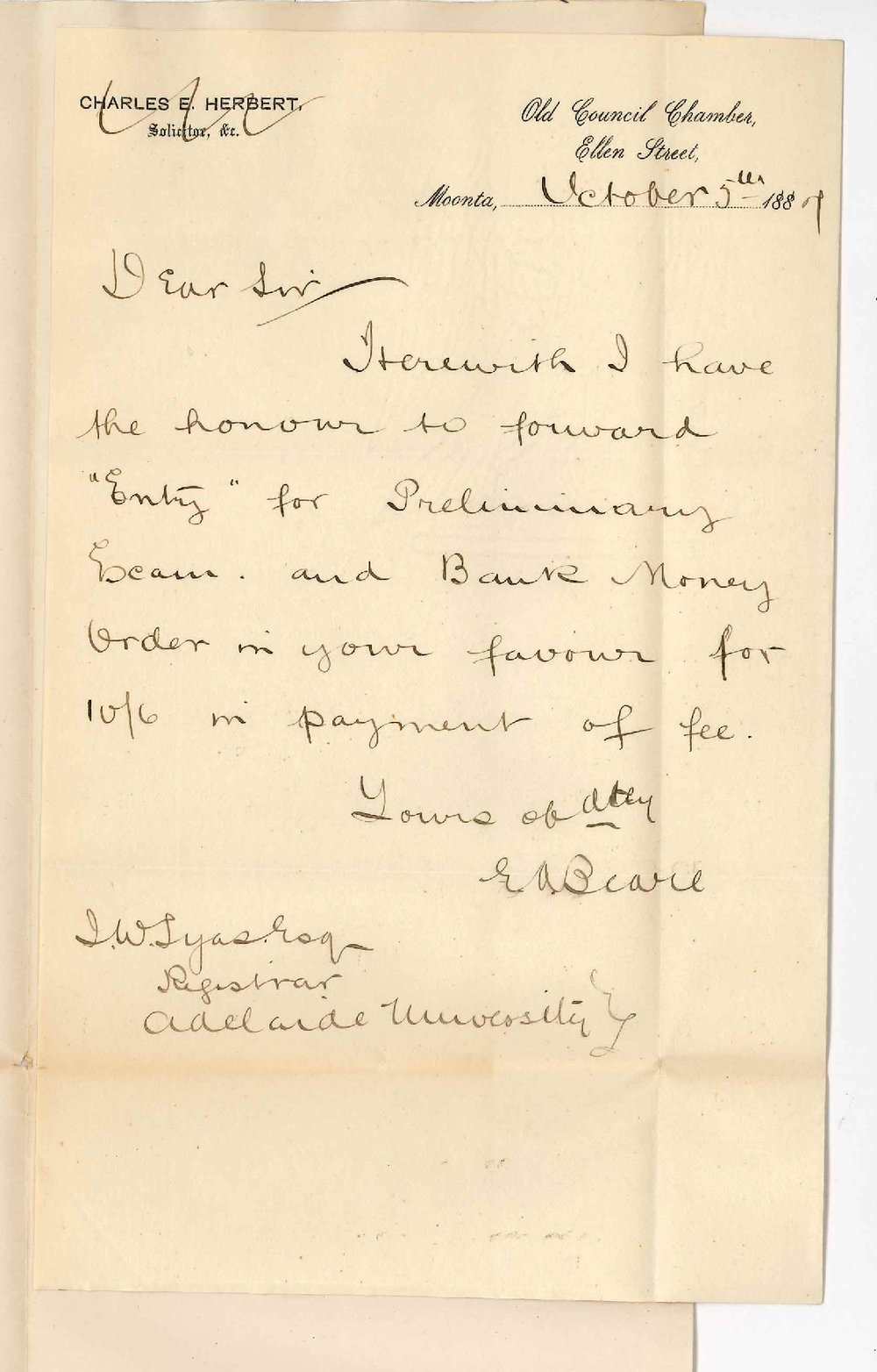 Edwin Arthur Beare - Moonta - Entry for Preliminary Examination