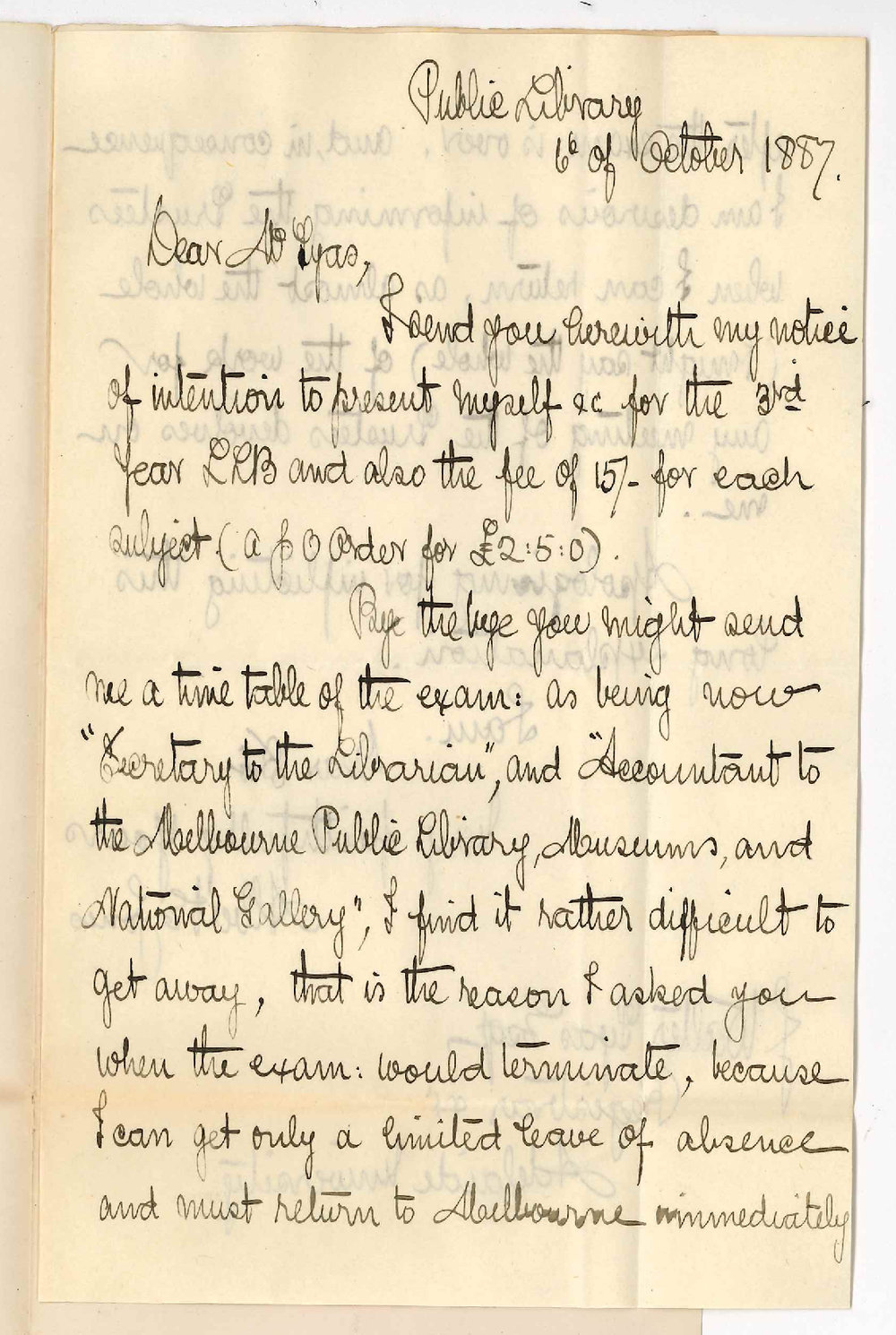 Albert E Jones - Public Library Melbourne - Entry for LLB Examination
