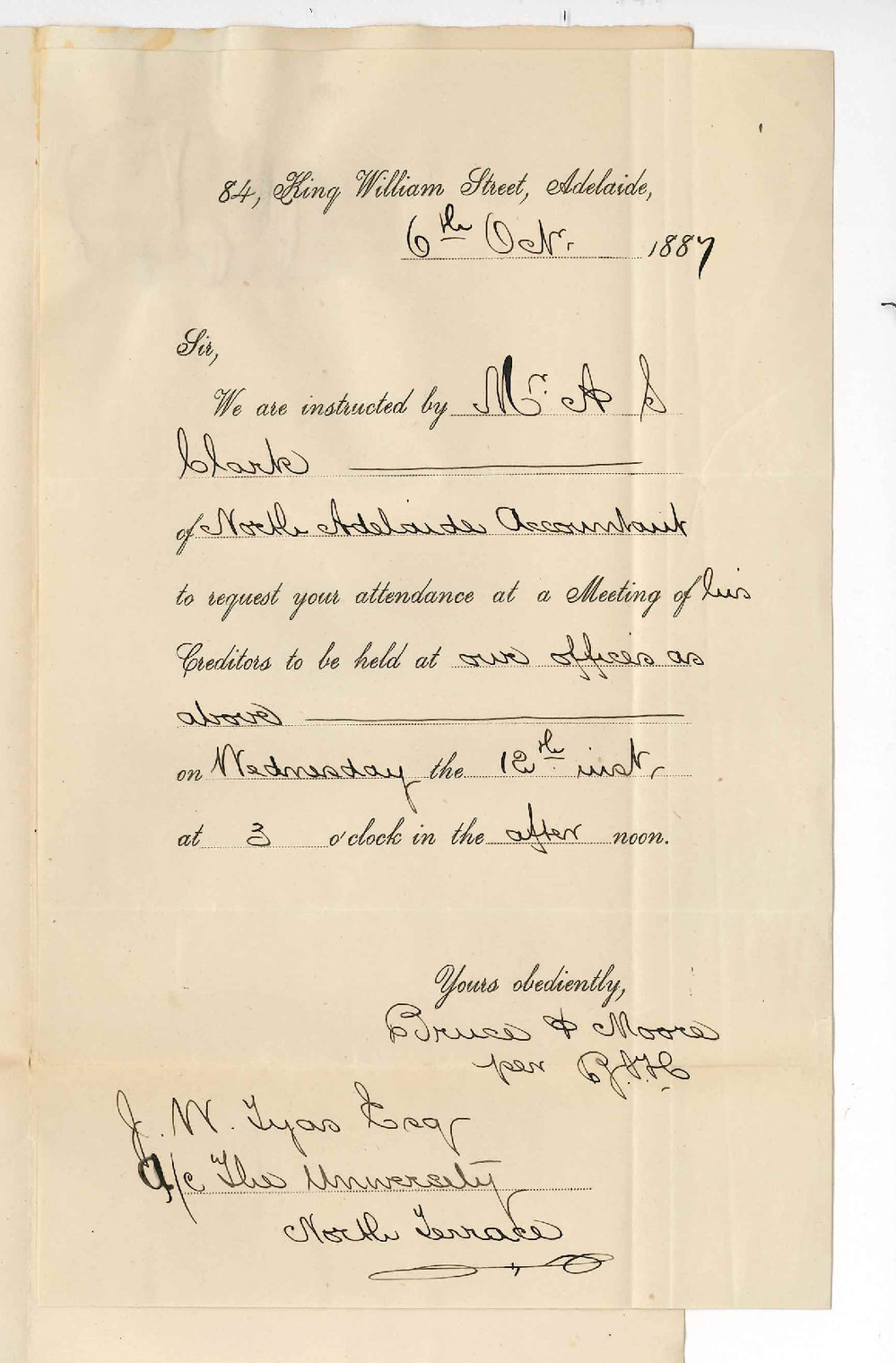 Messrs Bruce and Moore - King William Street Adelaide - Meeting of Creditors of Mr A AS Clark
