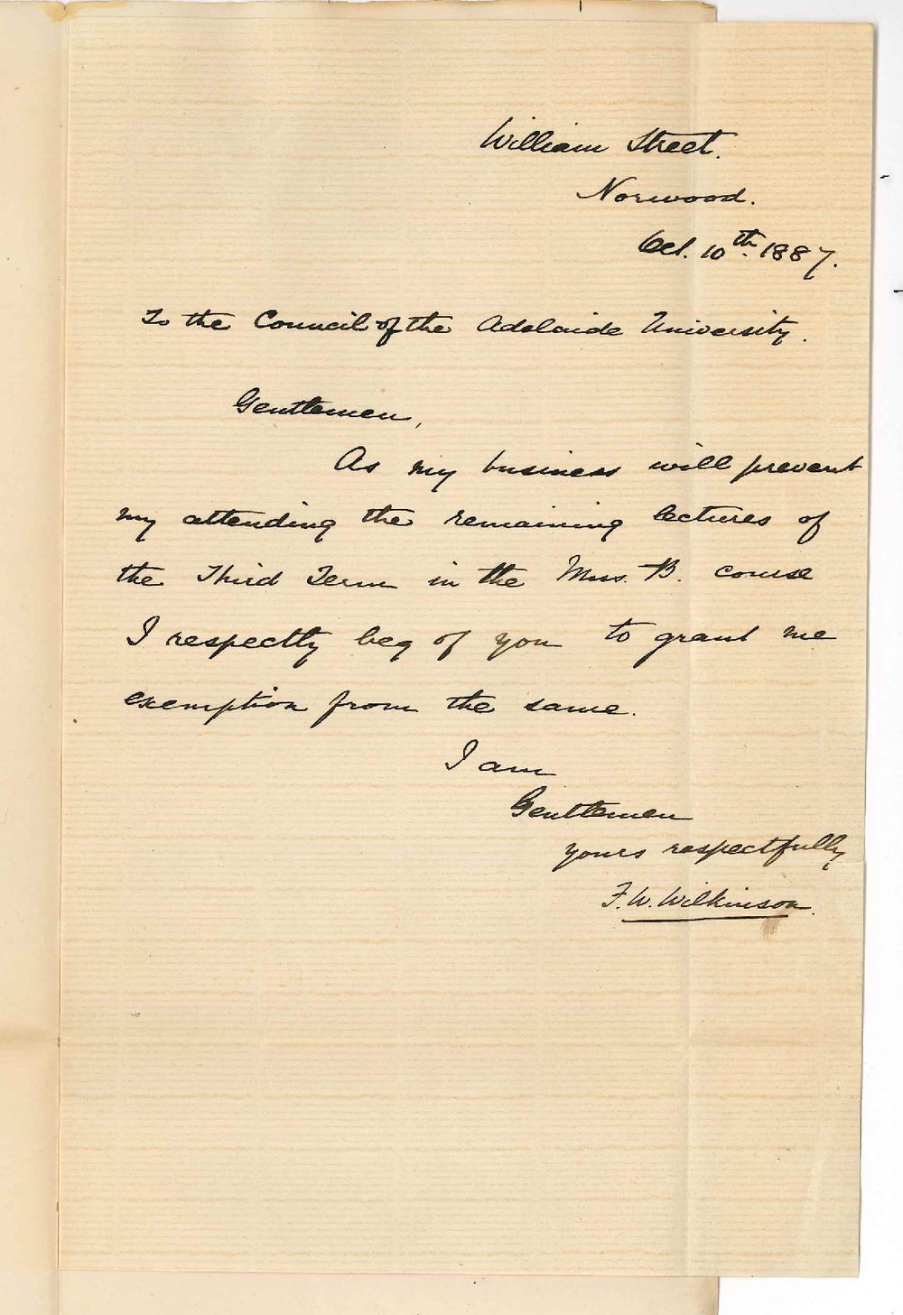 F W Wilkinson - Norwood - Exemption from Lectures Music Bachelor Course