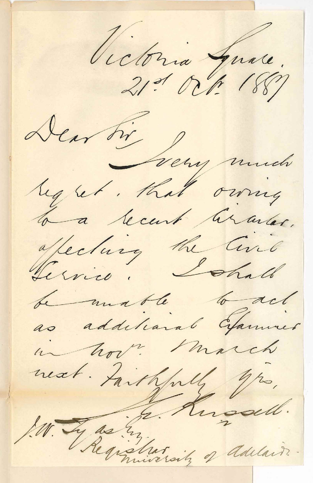 J G Russell - Victoria Square Adelaide - Unable to Act as Additional Examiner
