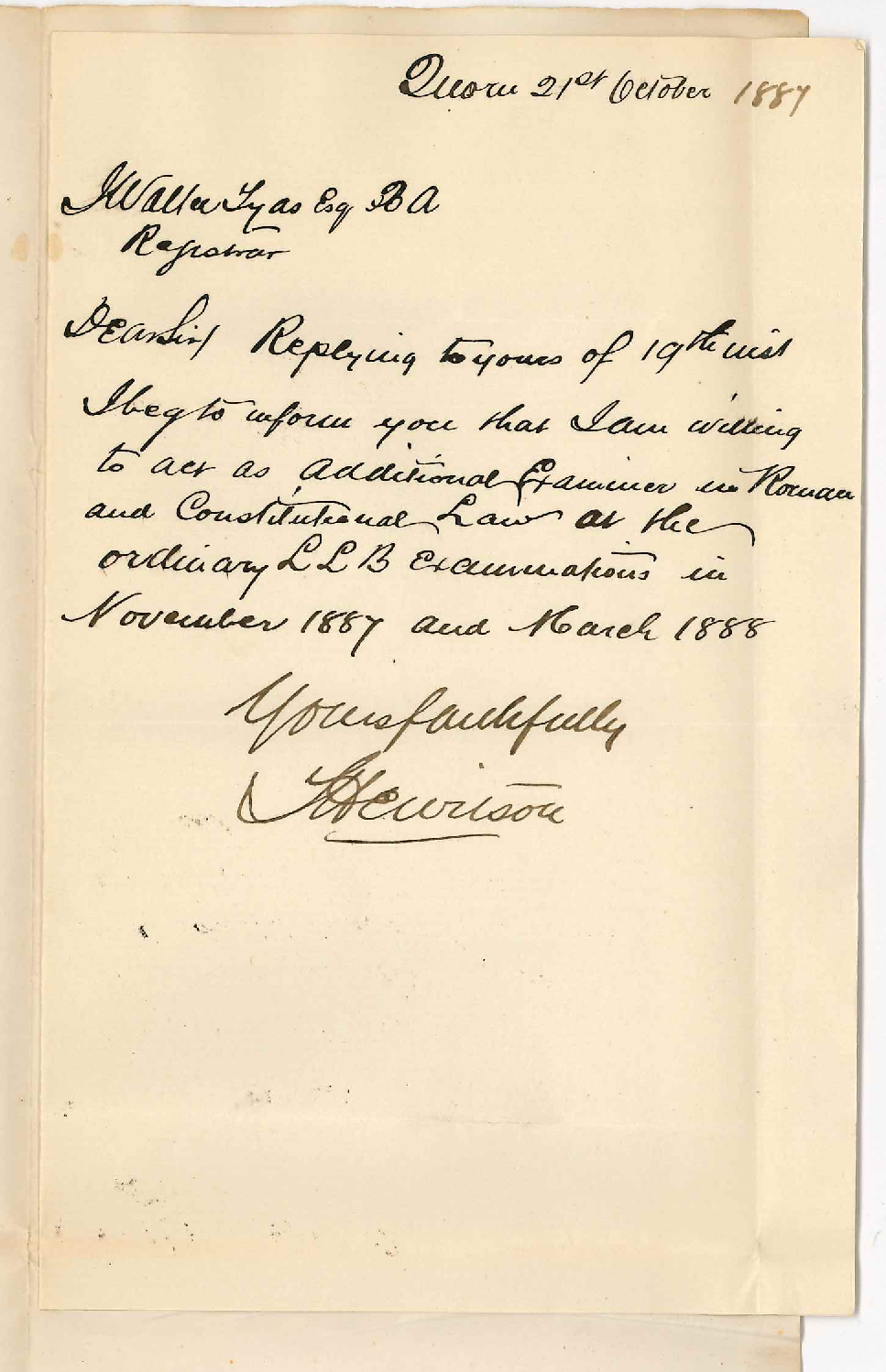 Thomas Hewitson - Quorn - Accepts Position as Additional Examiner in Roman and Constitutional Law