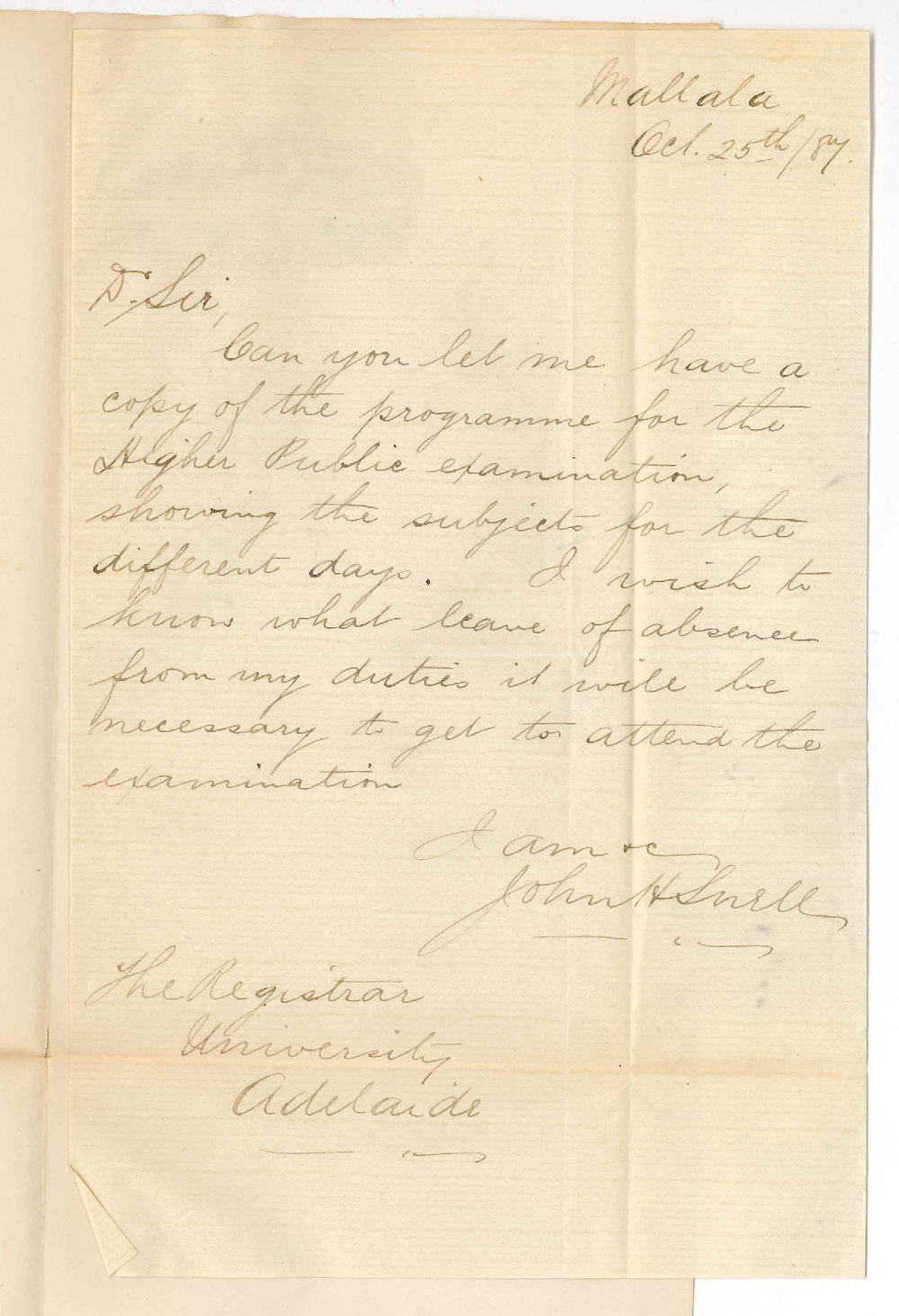 John H Snell - Mallala - Timetable for Examination