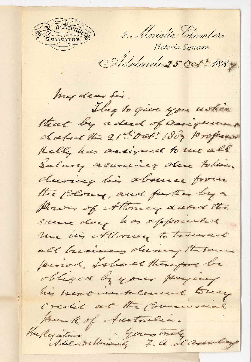 Frederick Augustus d'Arenberg - Victoria Square Adelaide - Attorney for Professor Kelly