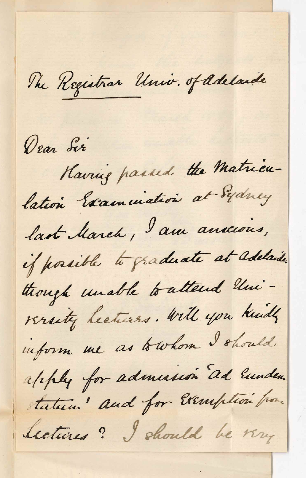 E H Burkitt - The King's School - Parramatta - Concerning First year BA