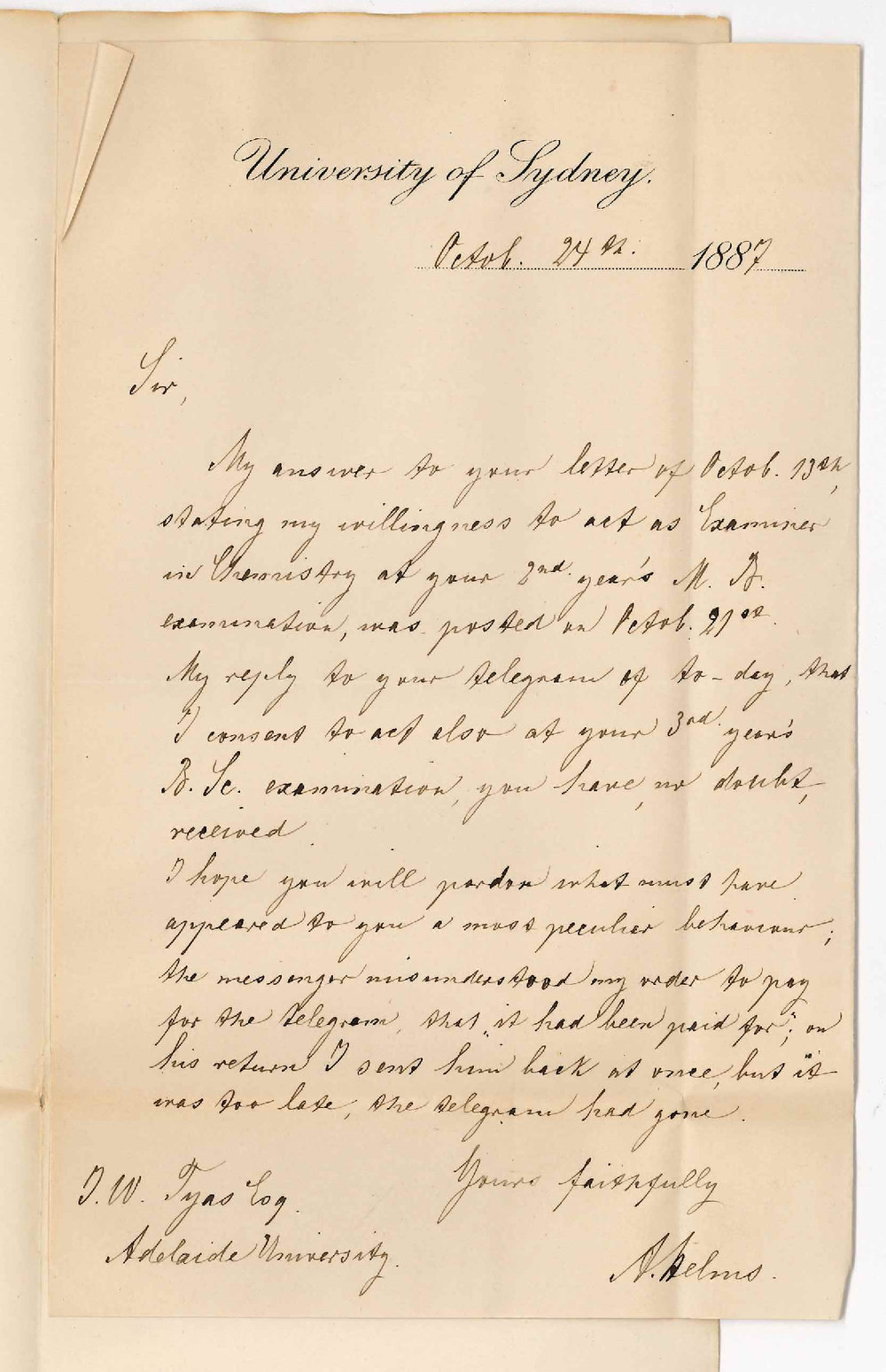 Dr A Helms - University of Sydney - Additional Examiner in Chemistry Consents to act