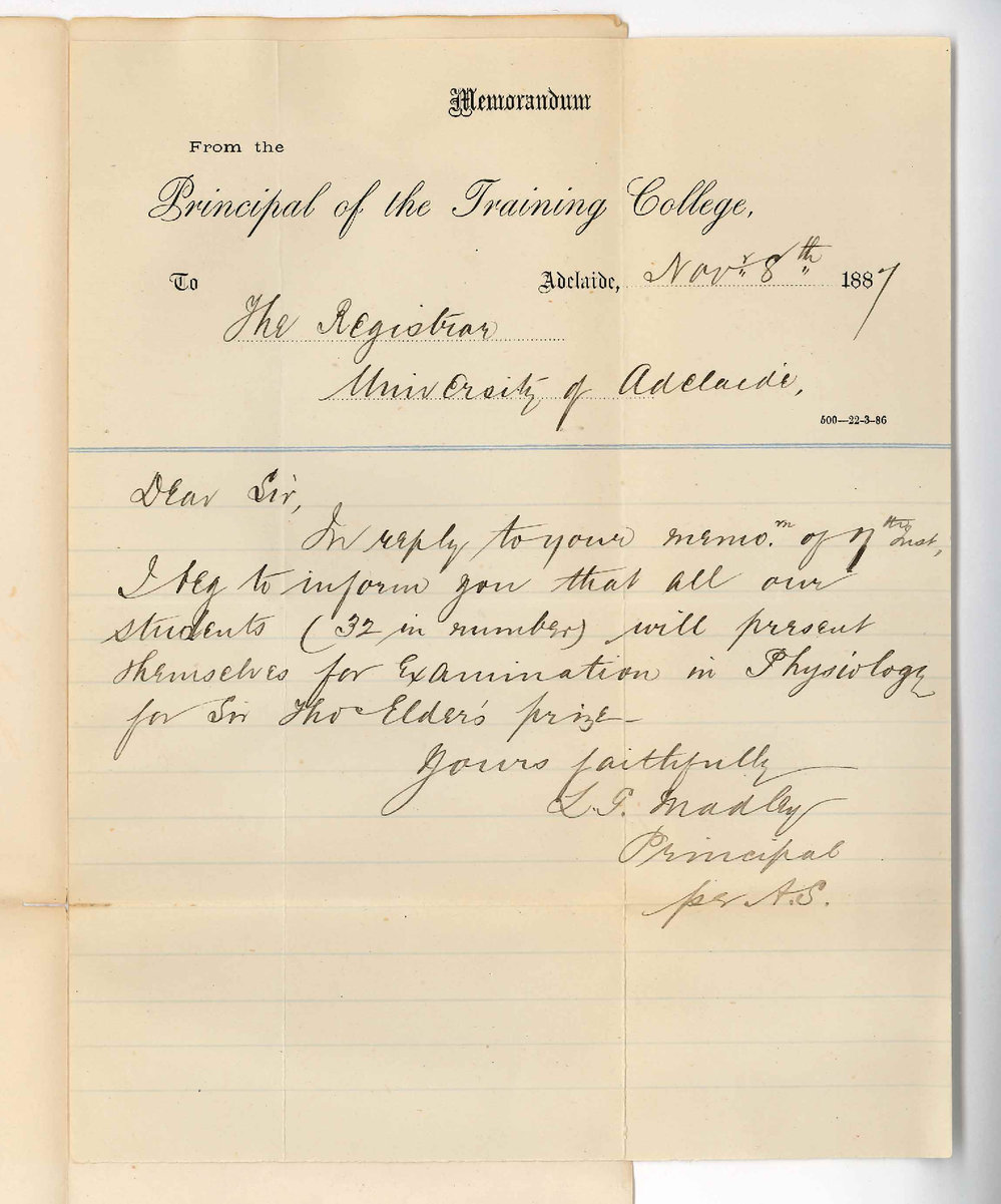 Lewis George Madley - Principal of the Training College - Number of Entries for Sir T Elder's Physiology Prize