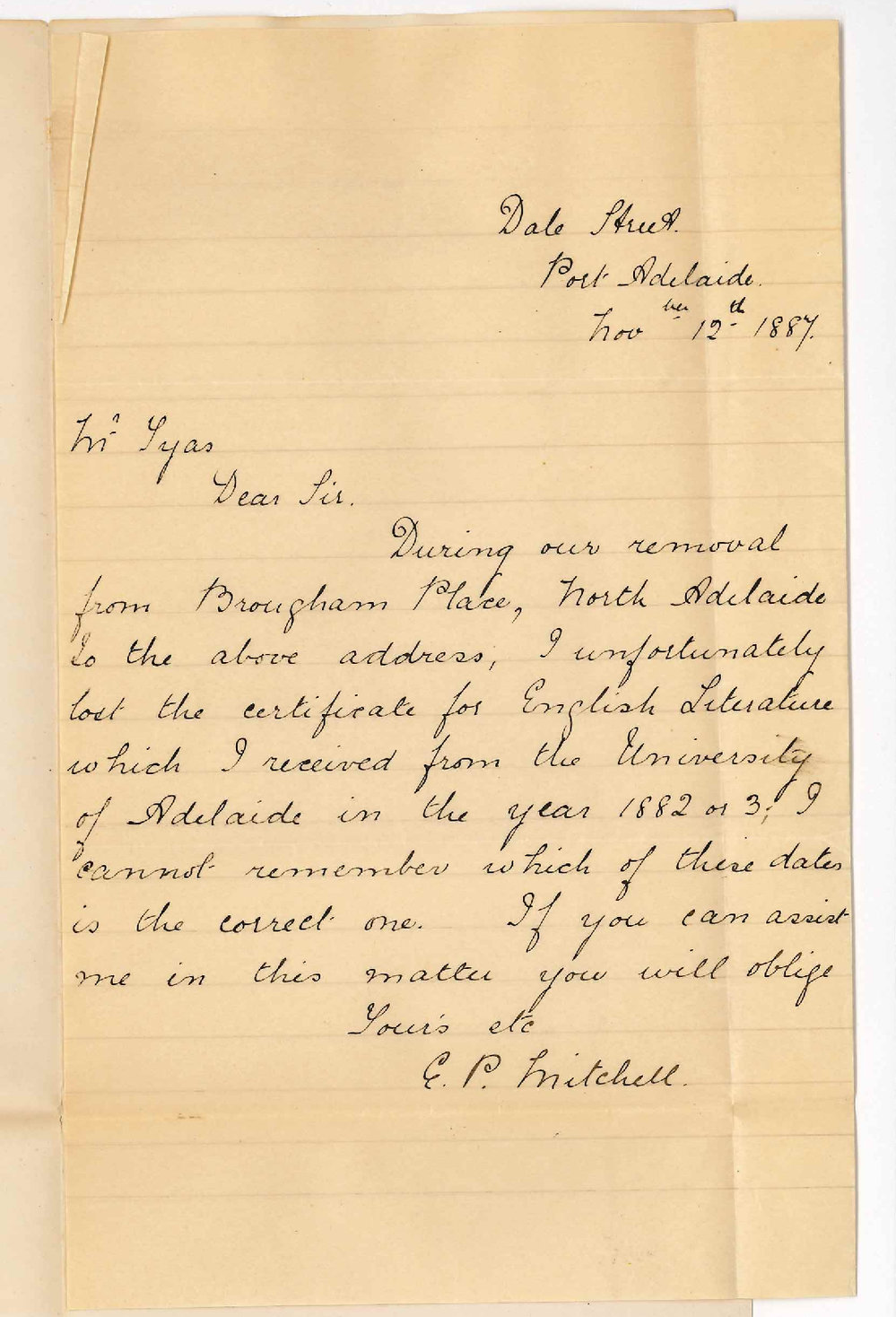 E P Mitchell - Port Adelaide - Loss of Certificate for English Literature