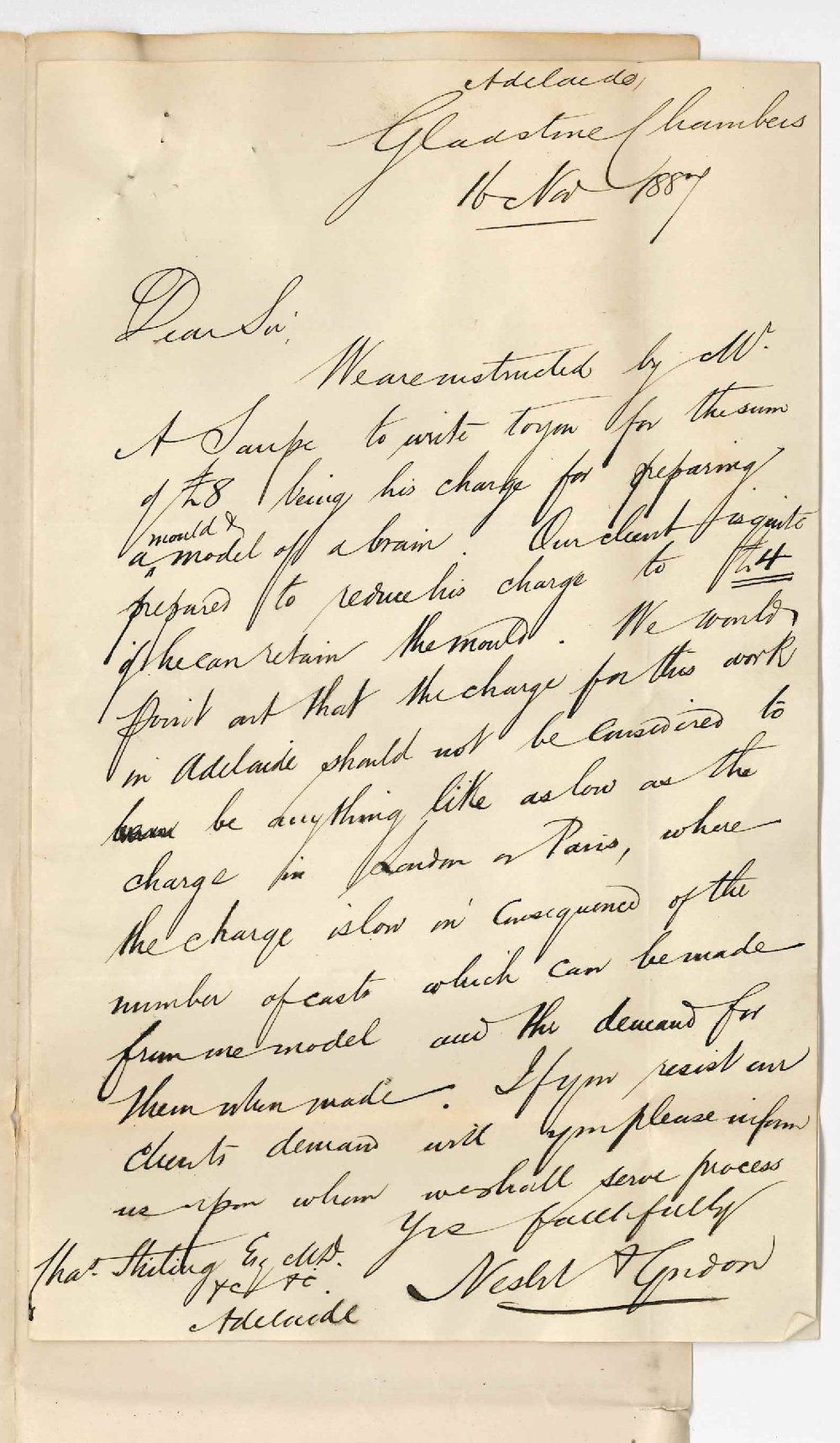 Messrs Nesbit and Gordon - Pirie Street Adelaide - Dr Stirling - Payment of a Mould and Model of a Brain from A Saupe