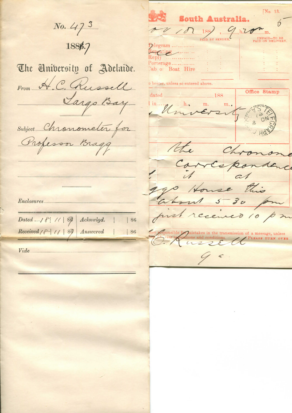 H C Russell - Largs Bay - Chronometer for Professor Bragg