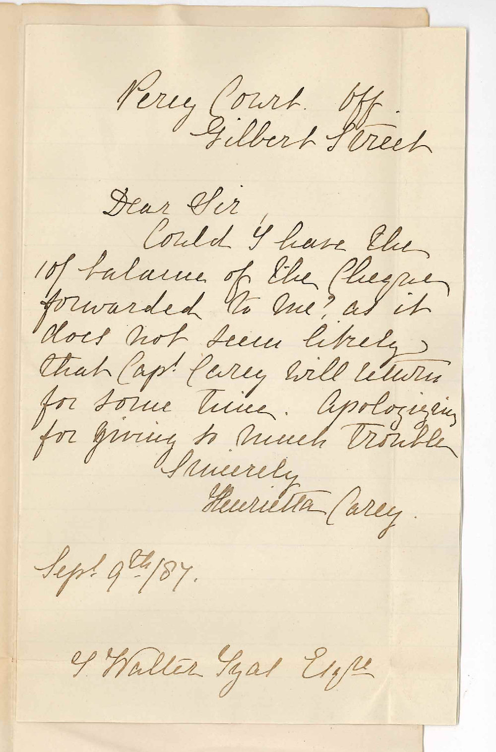 Mrs Henrietta Carey - Gilbert Street Adelaide - Requesting Balance of Money Due to Captain Carey
