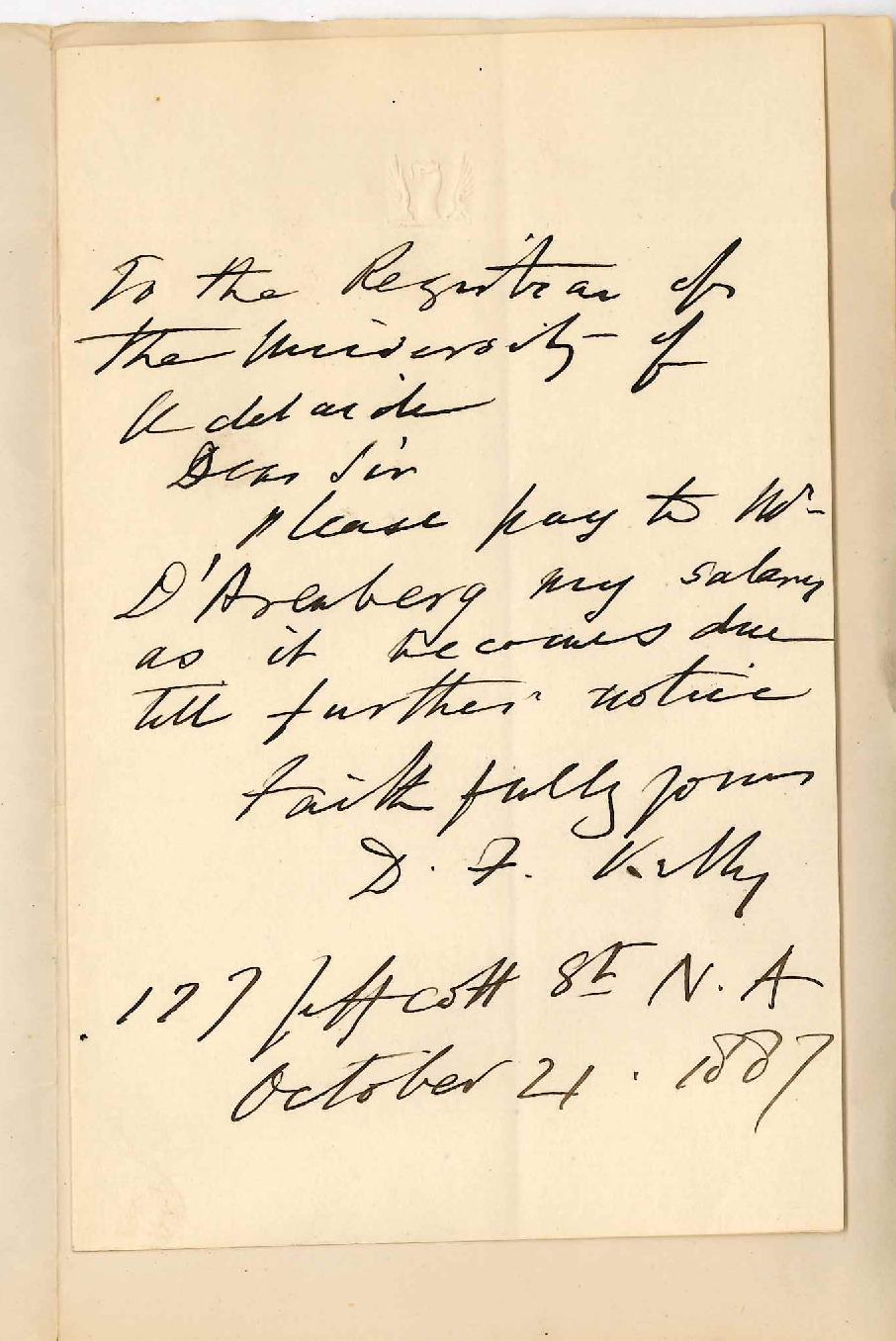 Professor David Frederick Kelly - North Adelaide - Salary for November to be Paid to Mr D'Arenberg