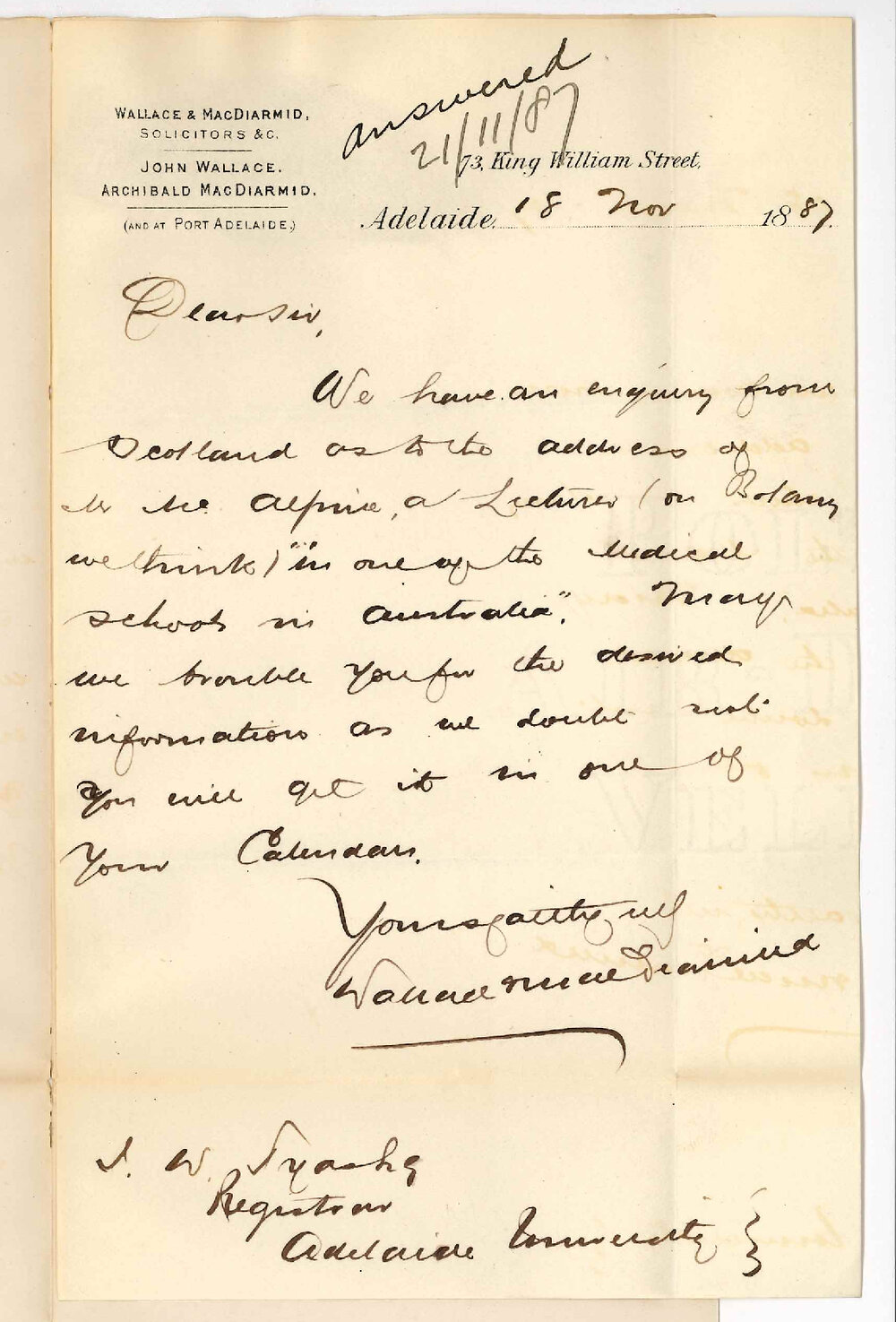 Messrs Wallace and MacDiarmid - King William Street Adelaide - Address of Mr McAlpine - Botany Lecturer