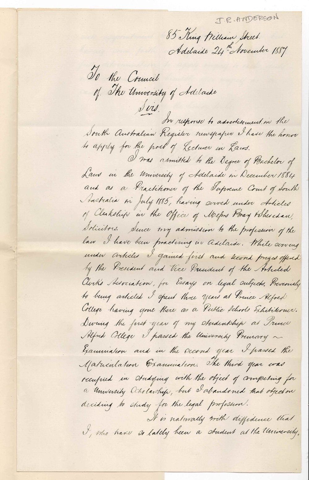 James Robert Anderson - King William Street Adelaide - Applies for Post as Lecturer on Law