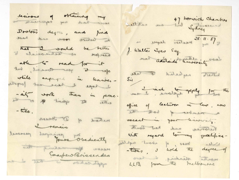 E Mayhew Brissenden - Sydney - Application for Post of Lecturer on Law