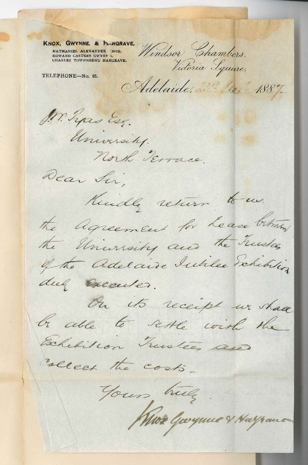Knox Gwynne and Hargrave - Victoria Square Adelaide - Return Agreement for Lease between University and Jubilee Exhibition