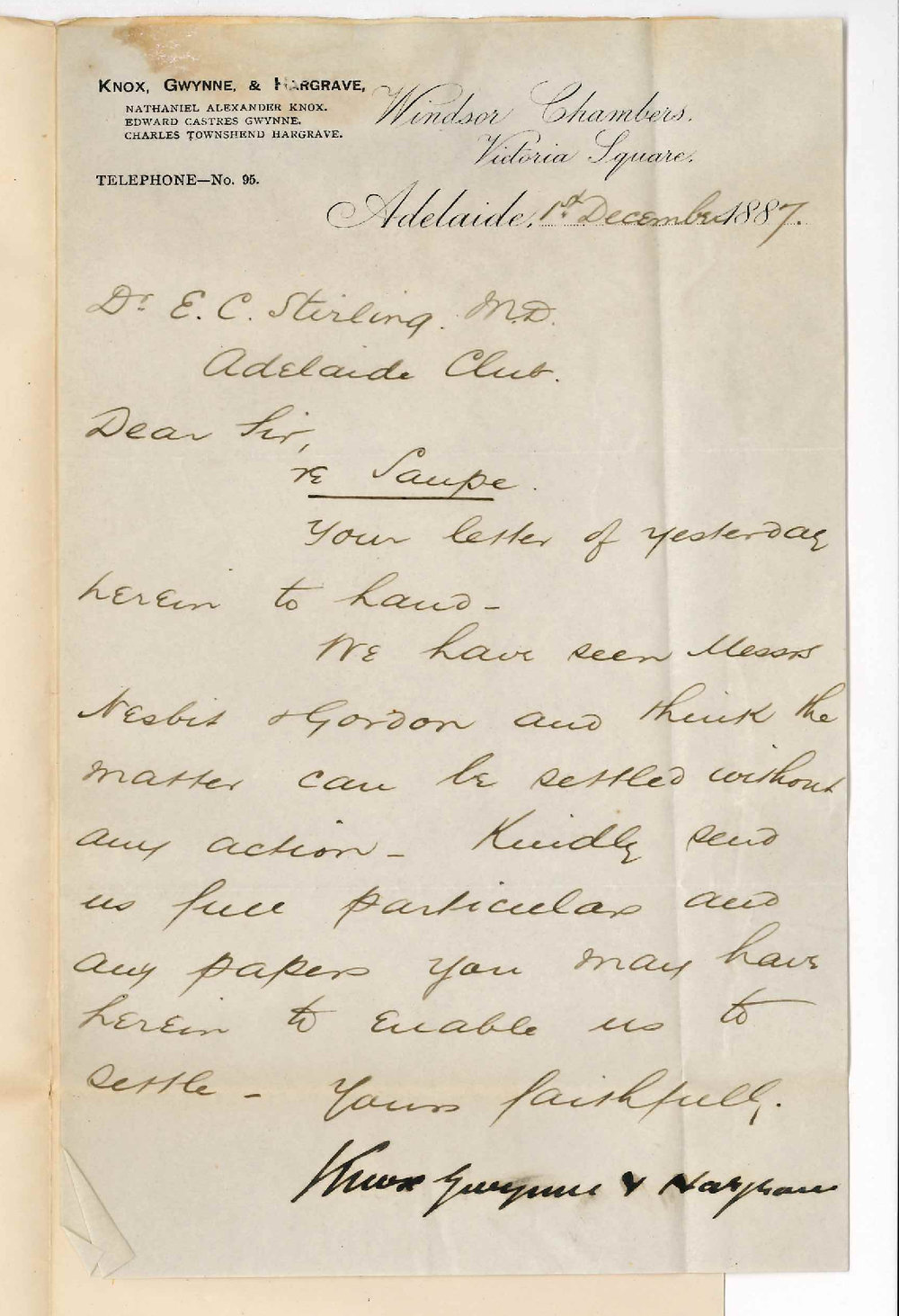 Knox Gwynne and Hargrave - Victoria Square Adelaide - Messrs Nesbit and Gordon Regarding Saupe and Dr Stirling
