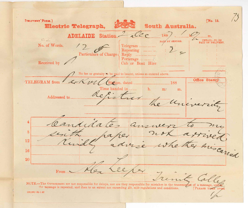 Dr Alexander Leeper - Trinity College Melbourne - Examination Papers Not Forwarded