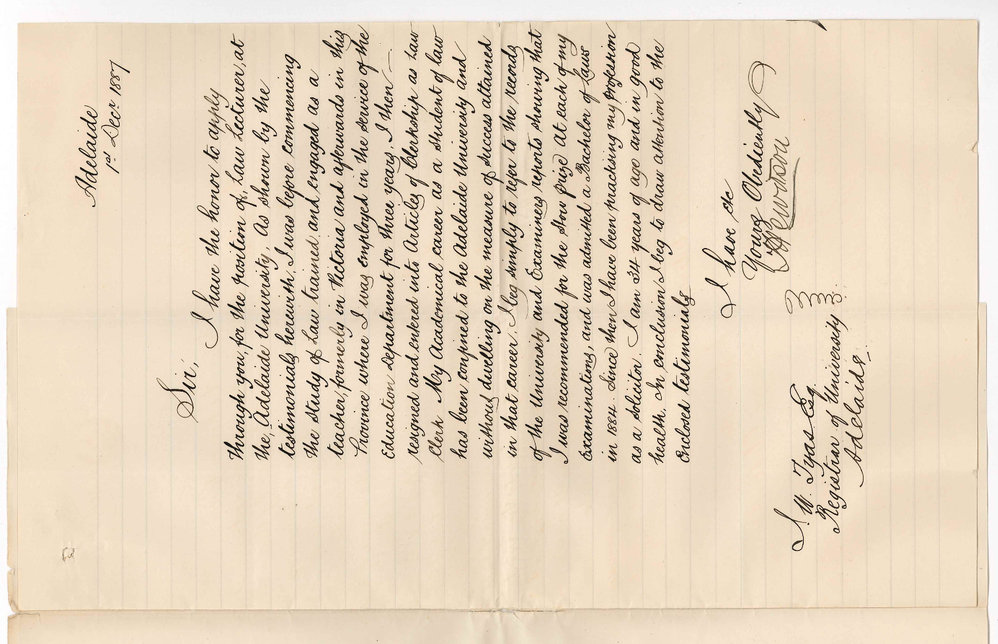 Thomas Hewitson - Adelaide - Application for Post of Law Lecturer