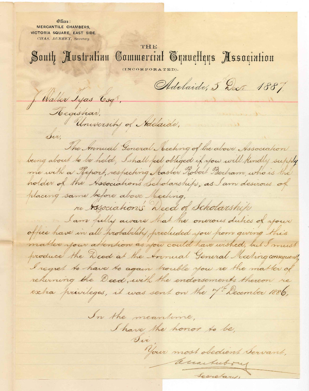 Charles Aubrey - Secretary - South Australian Commercial Travellers Association - Report on Bertram and Deed of Scholarship