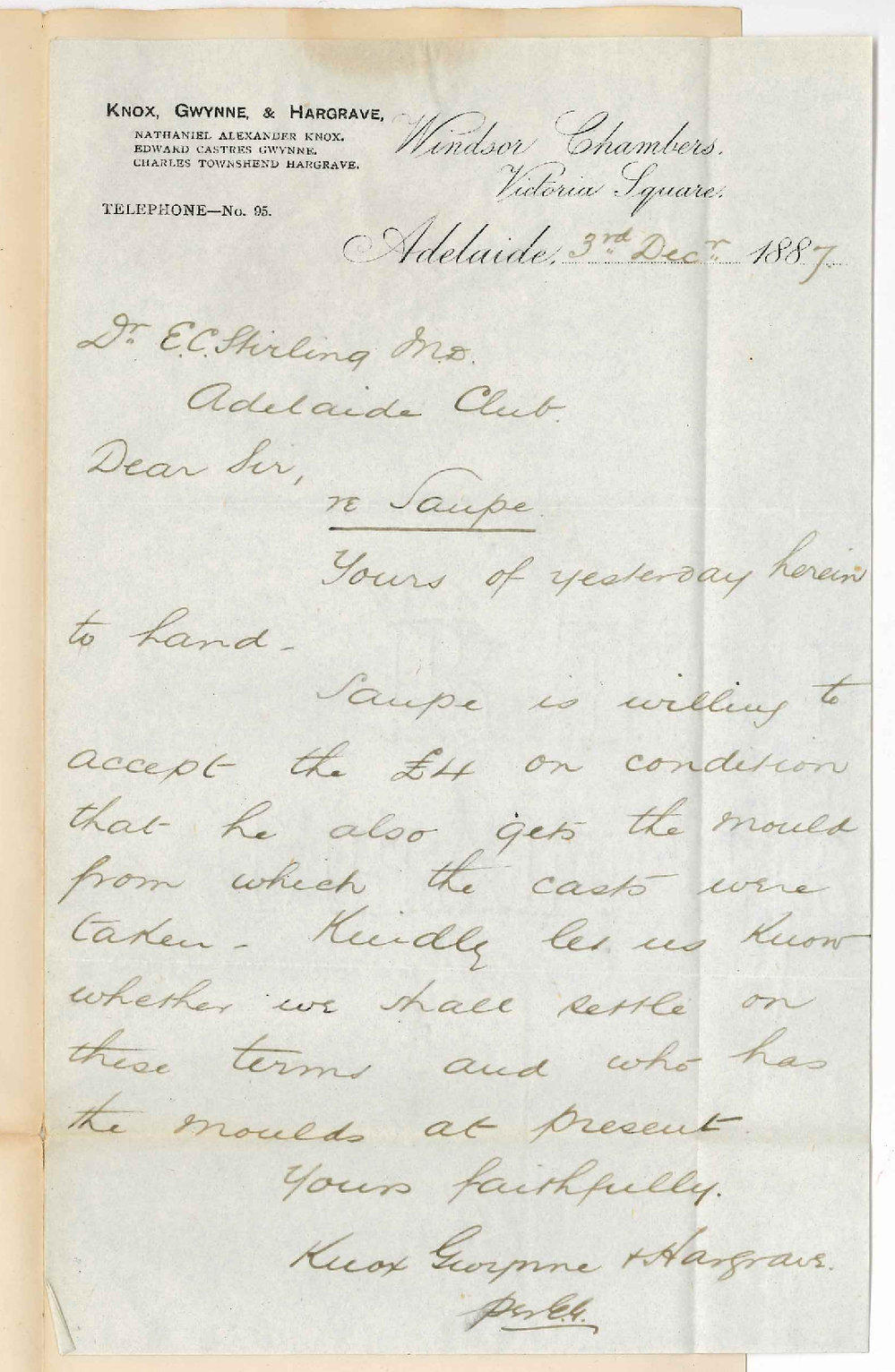 Knox Gwynne and Hargrave - Victoria Square Adelaide - Saupe and Dr Stirling - Requesting Mould