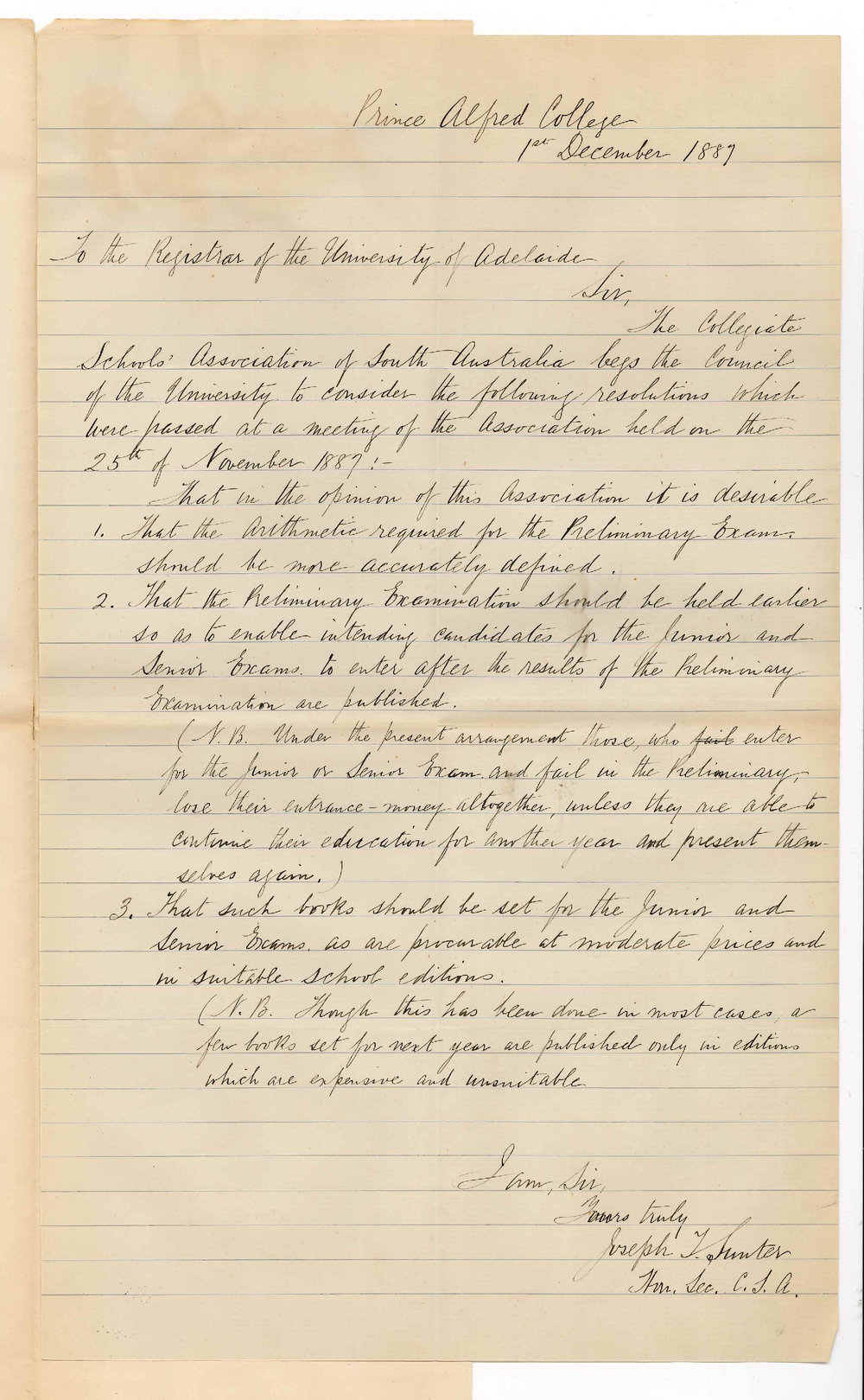 Joseph T Sunter - Secretary - Collegiate Schools Association - Arithmetic and Date of Preliminary Examination