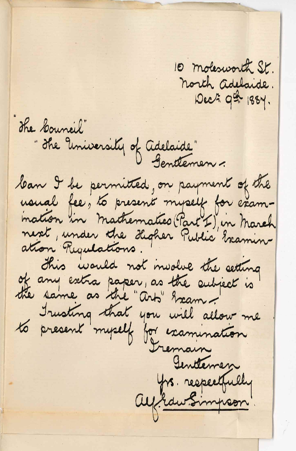 Alfred Edward Simpson - North Adelaide - Asking Permission to Sit for Examination in March 1888