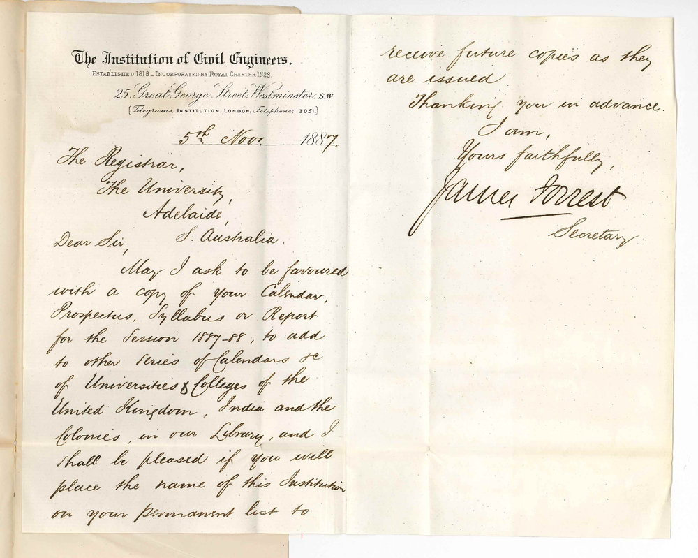 James Forrest - Secretary - The Institution of Civil Engineers - London - Asking that University Calendar be Supplied